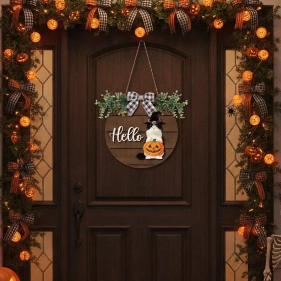 Halloween Cat Sign Interchangeable Welcome Sign Cute Cat and Dog Season Hanging Decor with Magnetic Detachable Hats Round Hanger for Home Wall Garden Porch Door, Housewarming Gift, Gift for Animal Cat Lover