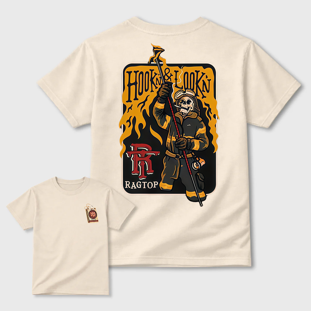 Hook & Lookin Firefighter T-Shirt – Skeleton Firefighter Graphic Tee T-Shirt