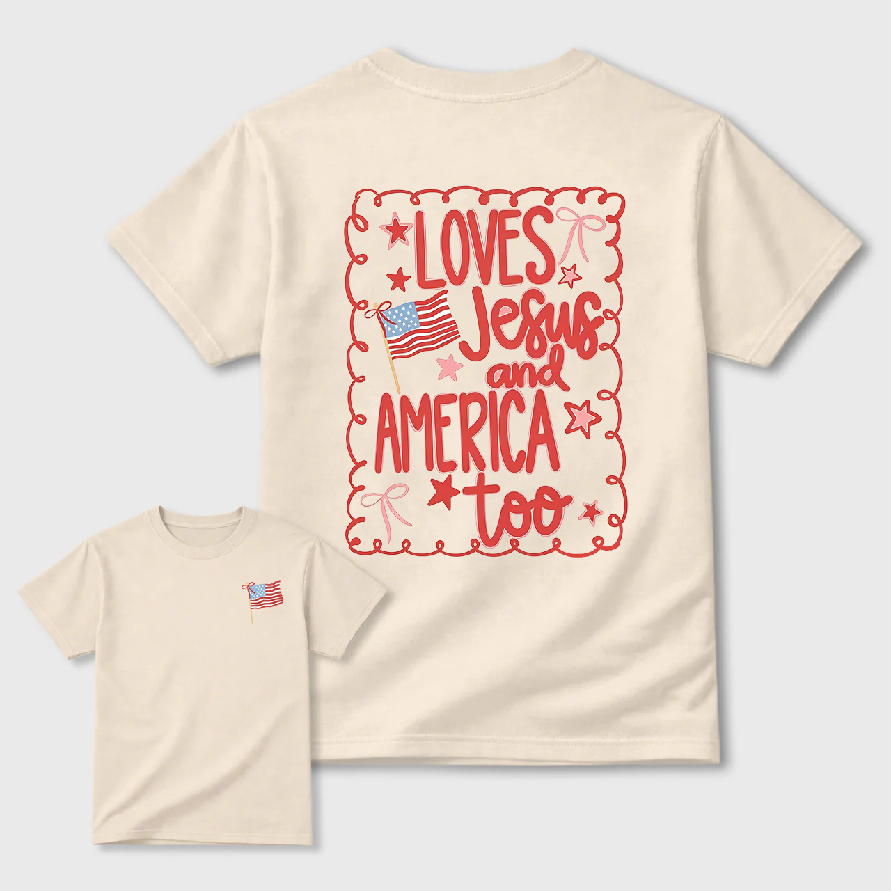 Coquette 4th of July T-shirt, Comfort Colors, Loves Jesus and America Shirt, Preppy Summer Top for Her, USA Patriotic Tee