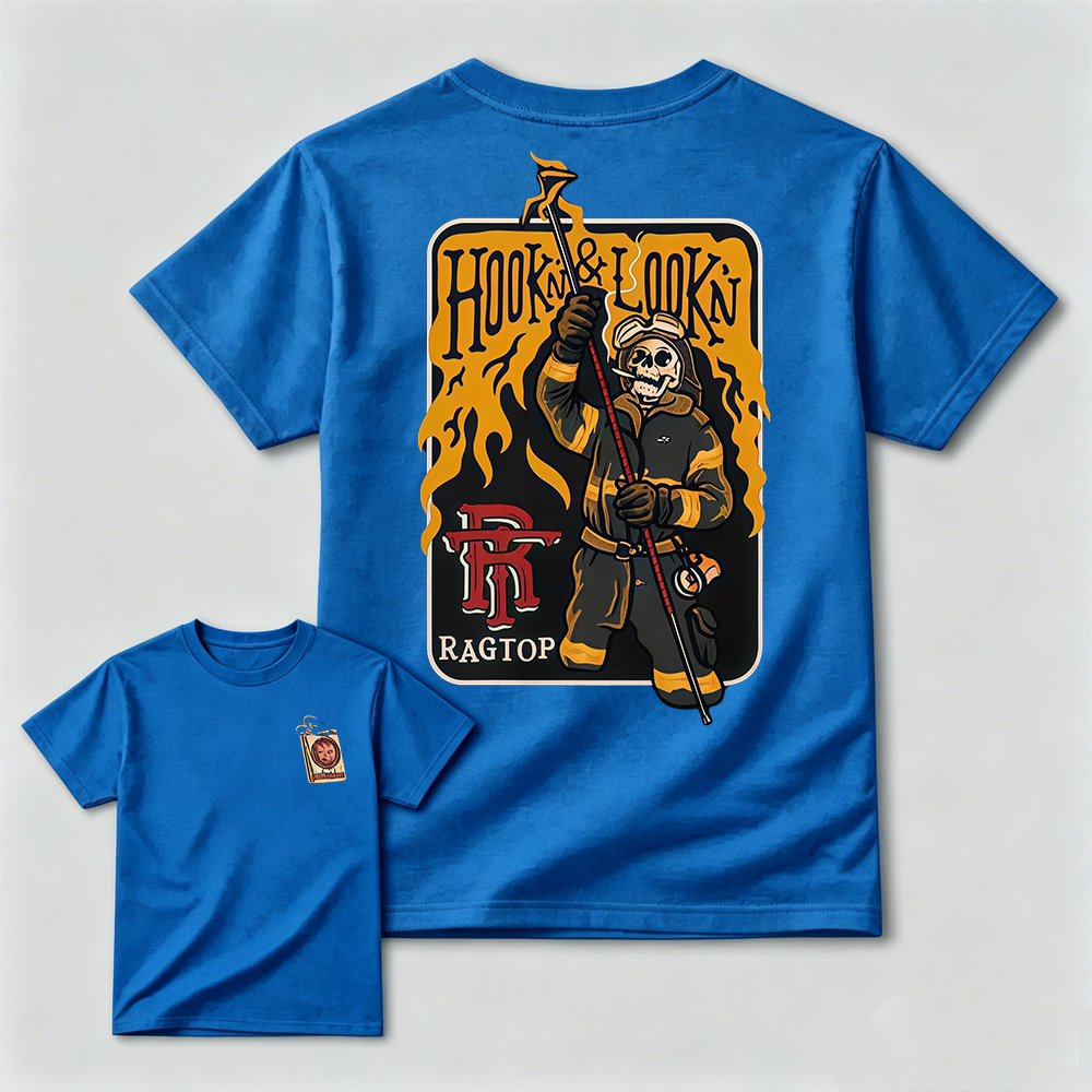 Hook & Lookin Firefighter T-Shirt – Skeleton Firefighter Graphic Tee T-Shirt