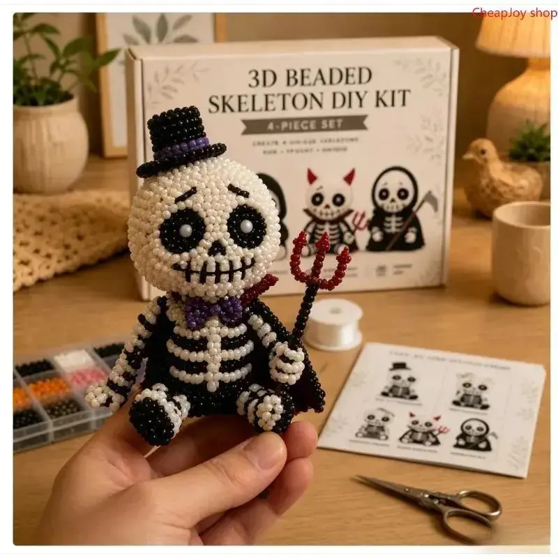 Unisex 3D Beaded Skeleton DIY Kit - 4-Piece Halloween Beading Set with Step-by-Step Instructions, Beginner-Friendly Goth Decor Gift for Adults