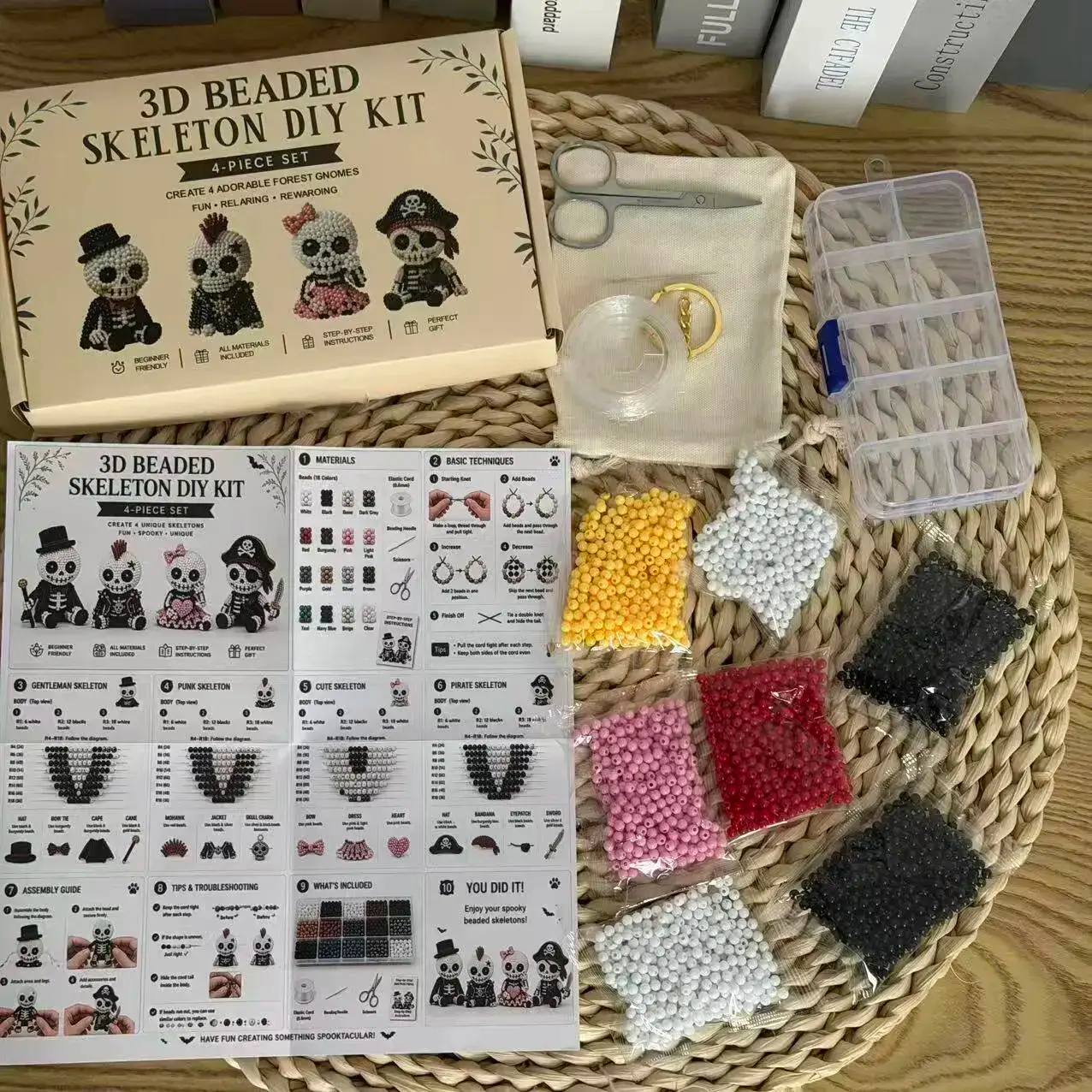 Unisex 3D Beaded Skeleton DIY Kit - 4-Piece Halloween Beading Set with Step-by-Step Instructions, Beginner-Friendly Goth Decor Gift for Adults