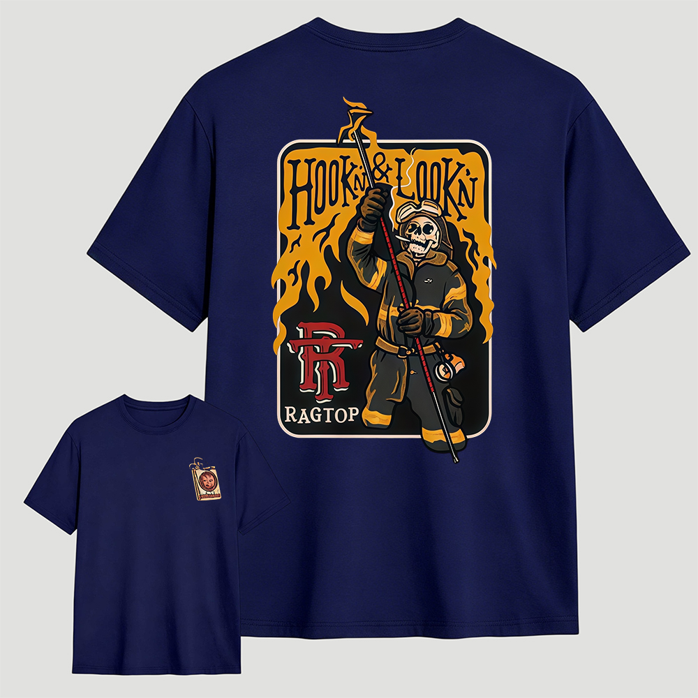 Hook & Lookin Firefighter T-Shirt – Skeleton Firefighter Graphic Tee T-Shirt