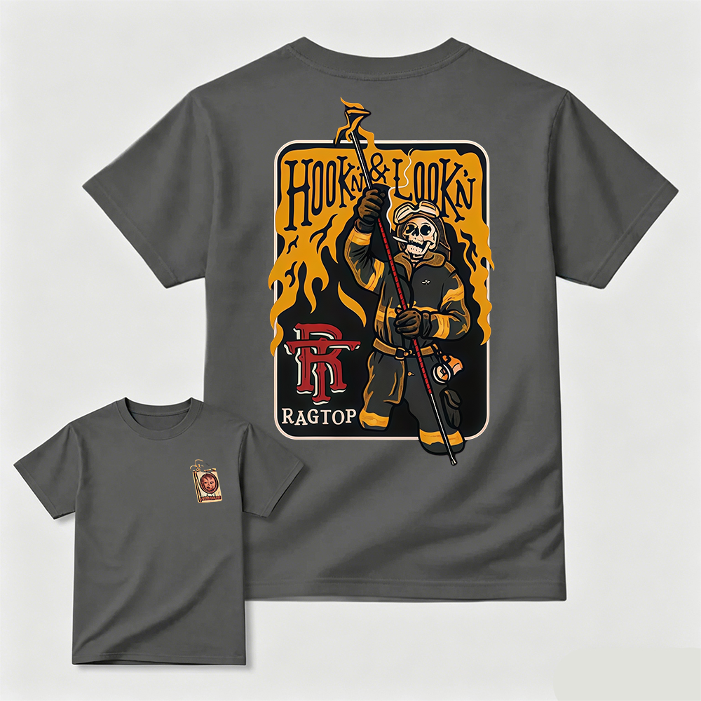 Hook & Lookin Firefighter T-Shirt – Skeleton Firefighter Graphic Tee T-Shirt