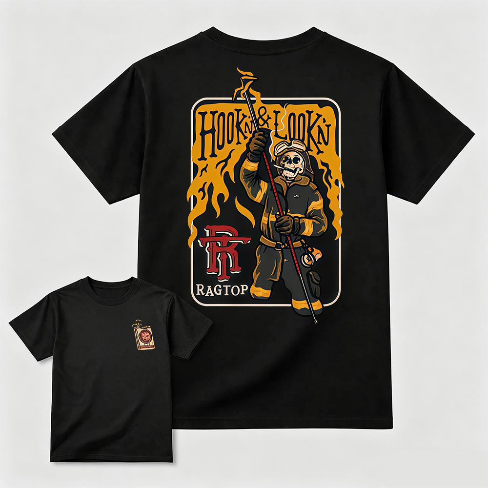 Hook & Lookin Firefighter T-Shirt – Skeleton Firefighter Graphic Tee T-Shirt