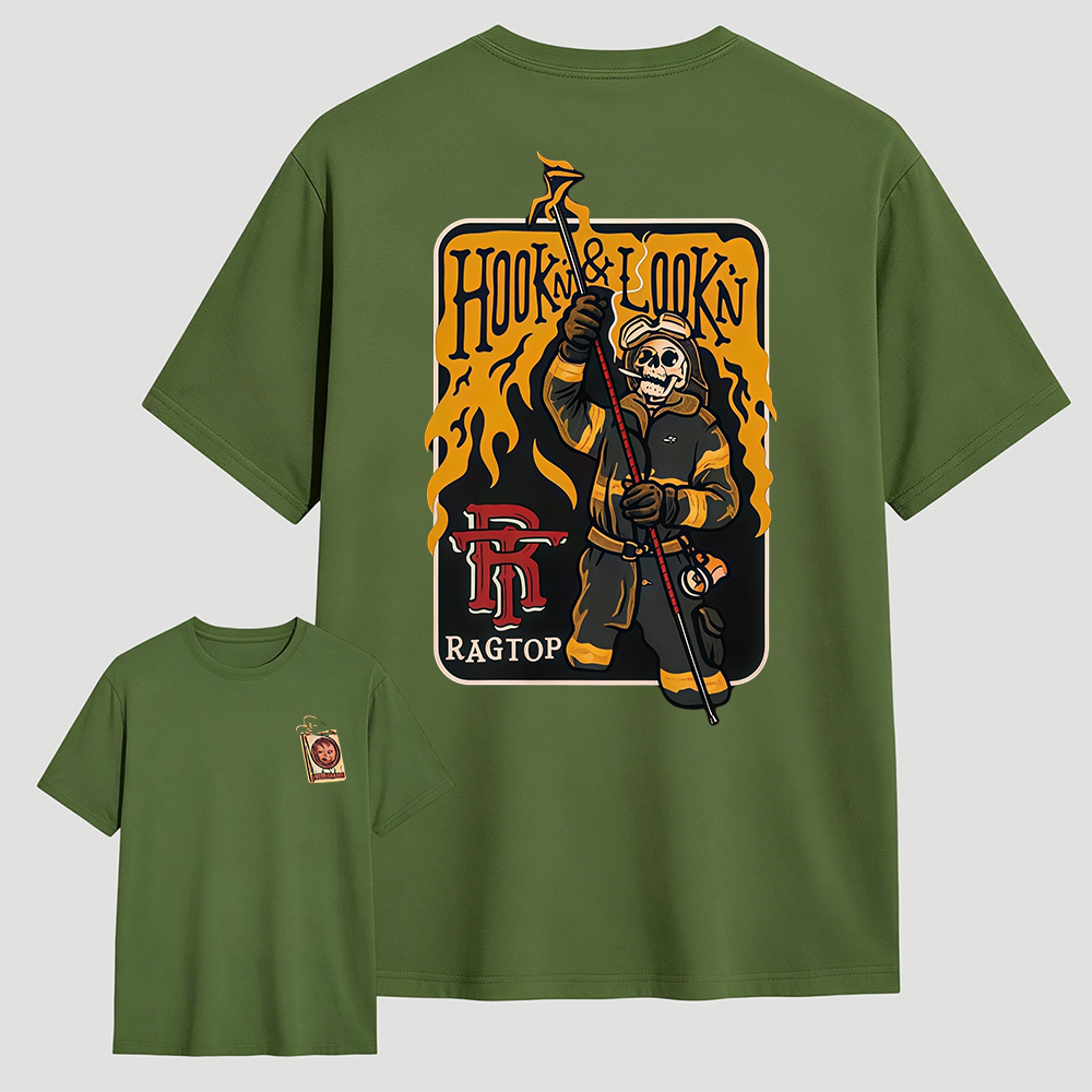 Hook & Lookin Firefighter T-Shirt – Skeleton Firefighter Graphic Tee T-Shirt