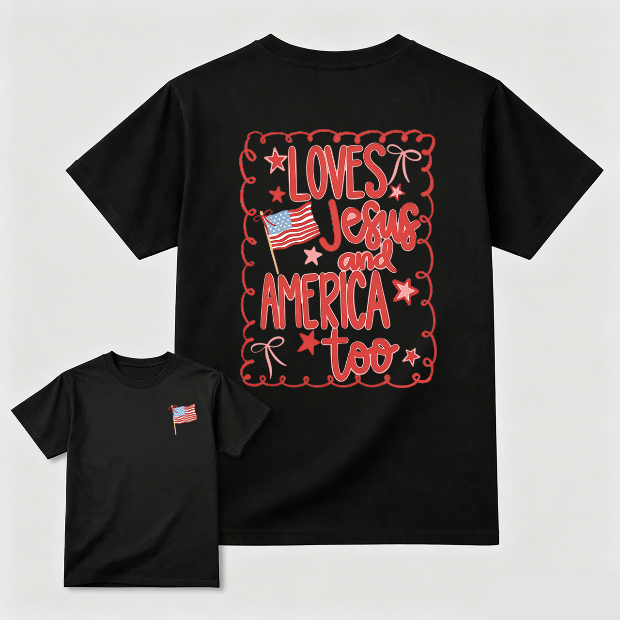 Coquette 4th of July T-shirt, Comfort Colors, Loves Jesus and America Shirt, Preppy Summer Top for Her, USA Patriotic Tee