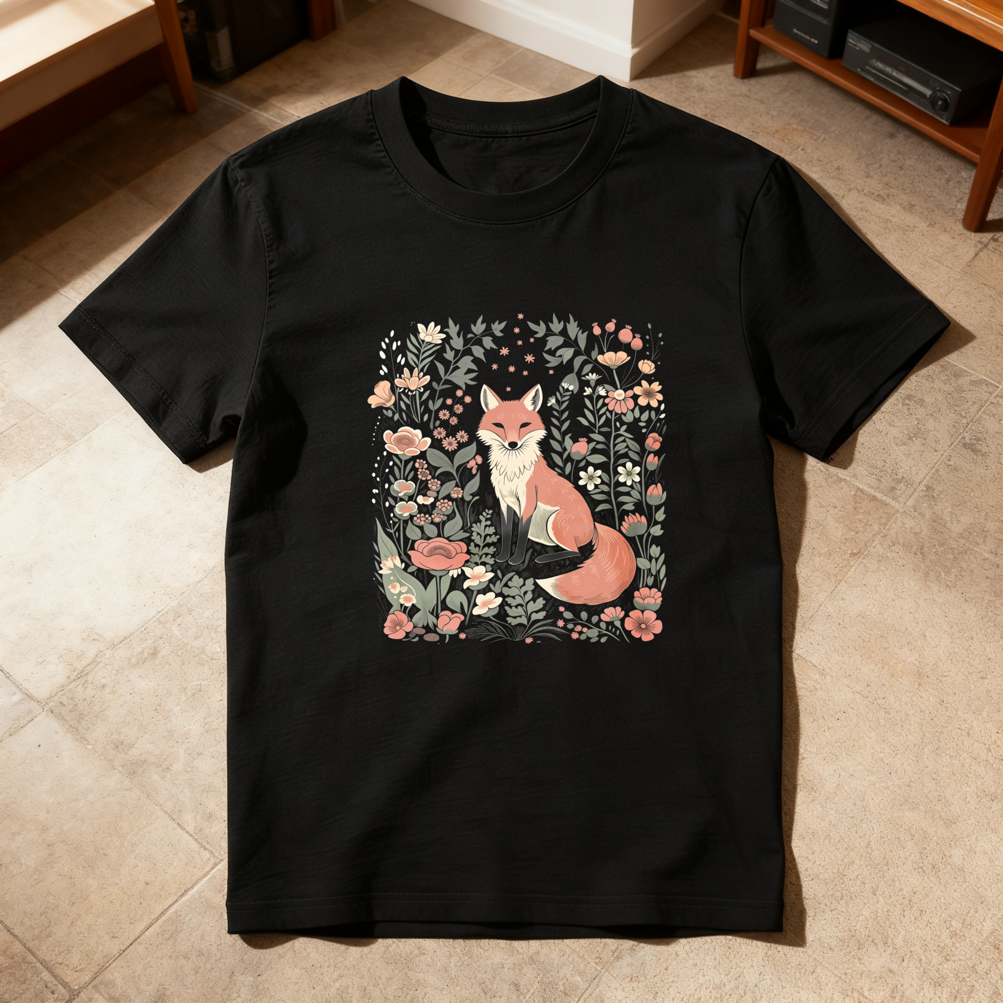 Fox Surrounded By Flowers And Leaves tshirt 100% cotton