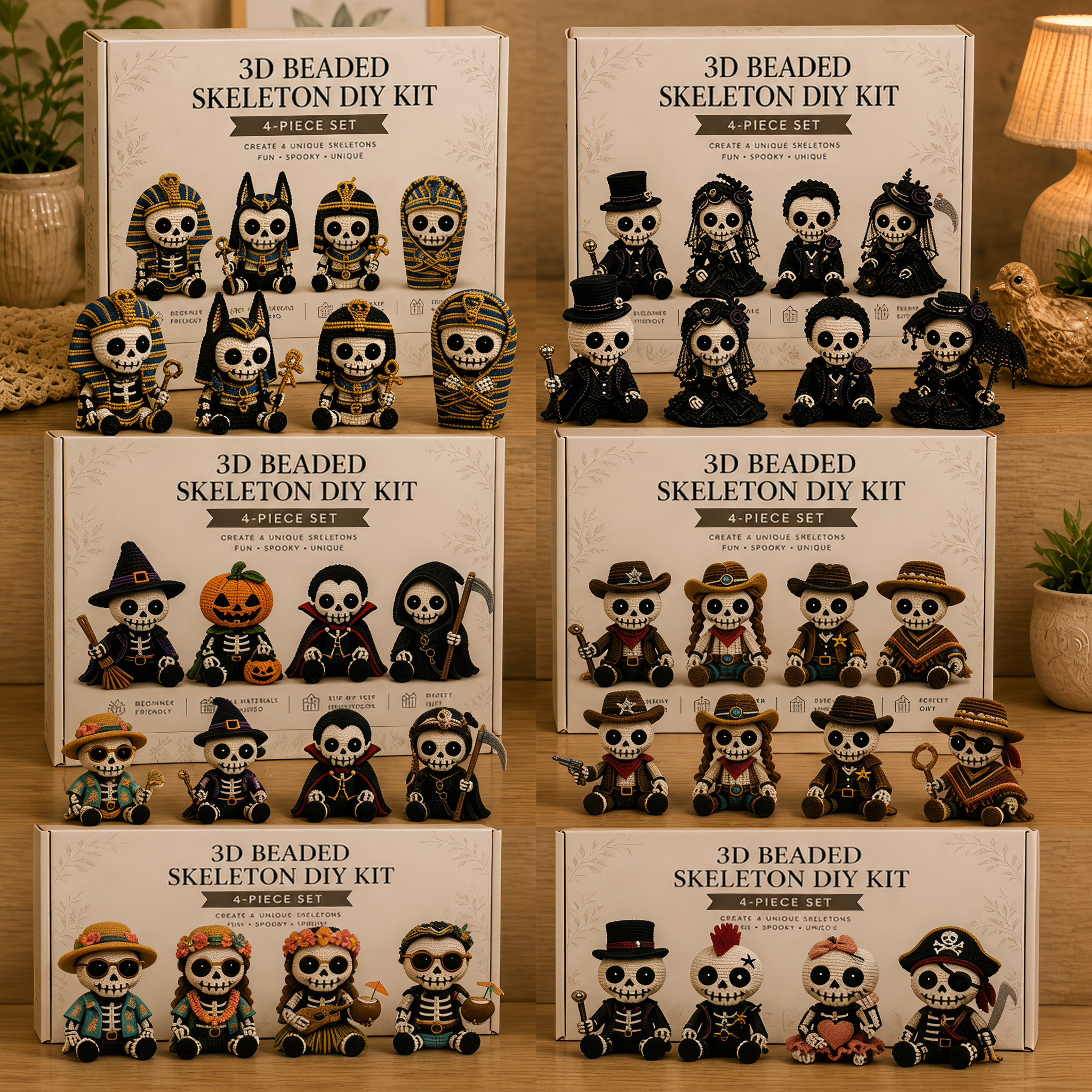 Unisex 3D Beaded Skeleton DIY Kit - 4-Piece Halloween Beading Set with Step-by-Step Instructions, Beginner-Friendly Goth Decor Gift for Adults