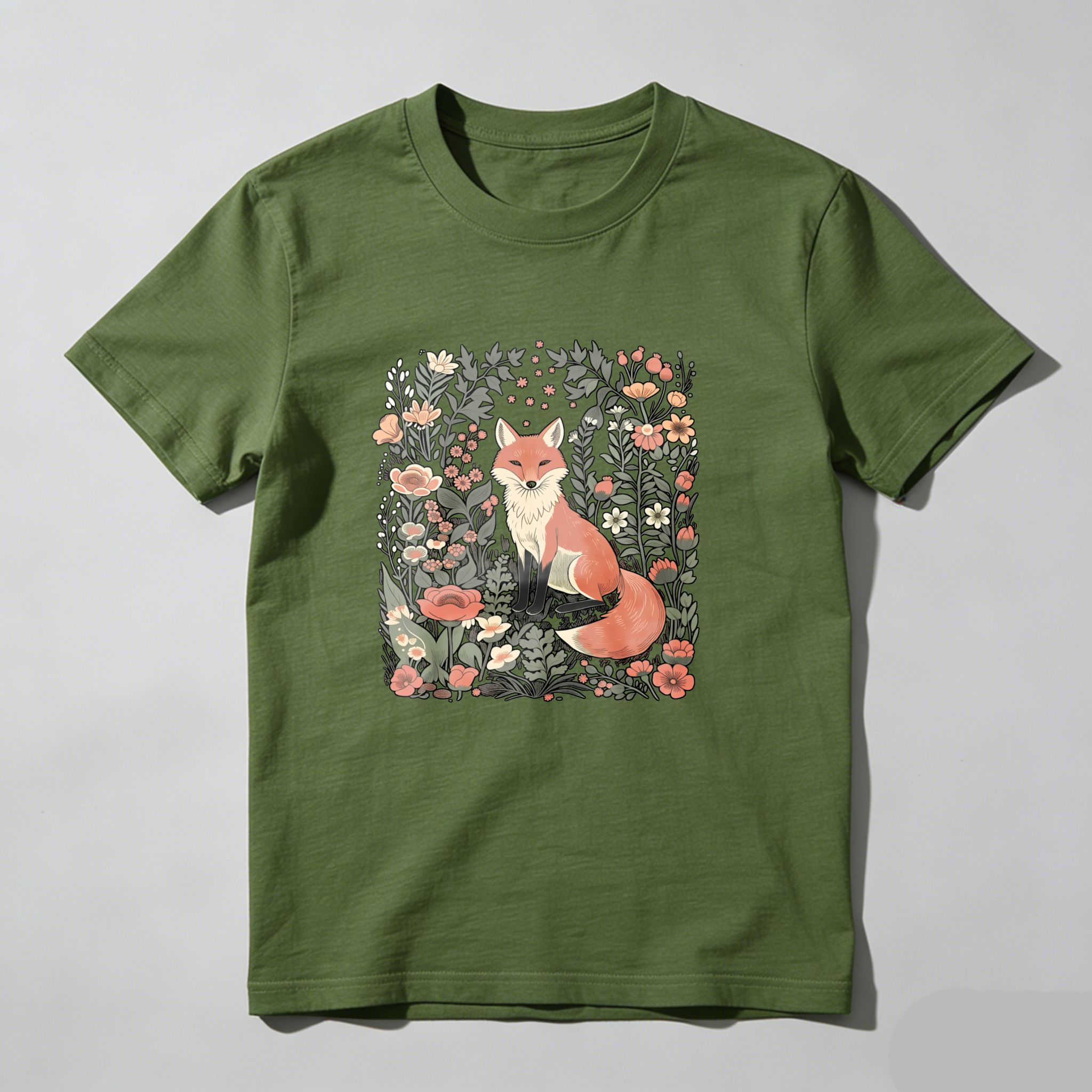 Fox Surrounded By Flowers And Leaves tshirt 100% cotton