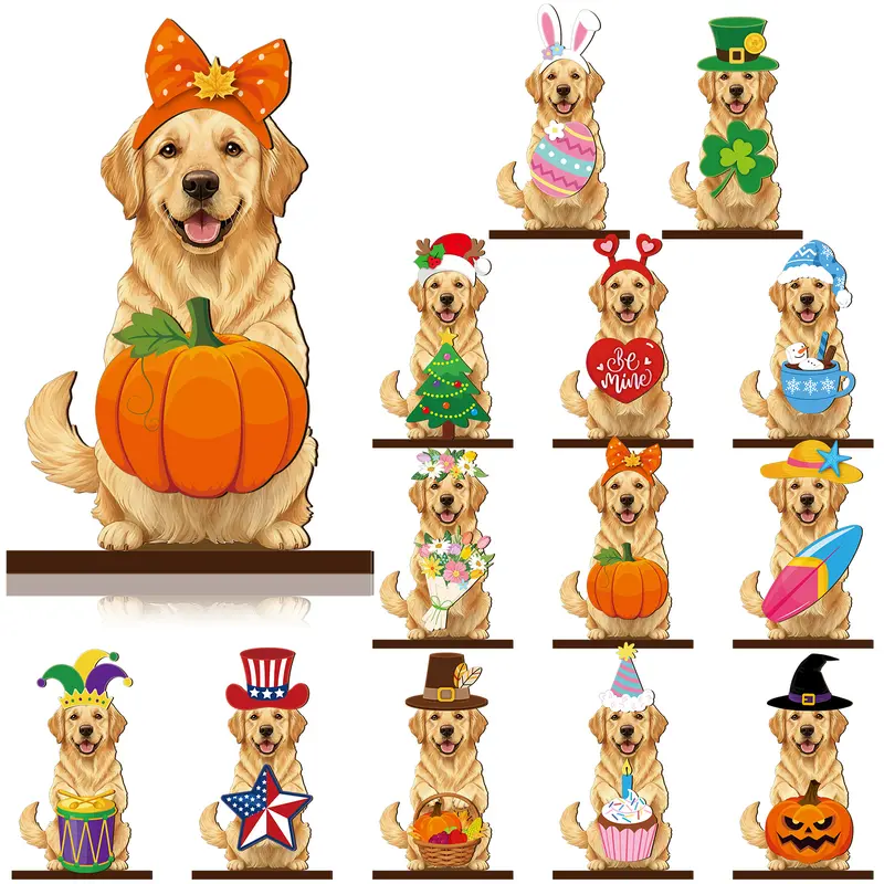 Dog Sign Gift Halloween Gift Interchangeable Sign with Magnet Hats Cute Dog Desk Decor for Office Golden Retriever Yorkshire Terrier Corgi Dachshund Husky Beagle Ornaments for Holiday Seasonal, Gift for Dog Animals Lovers Friends Family