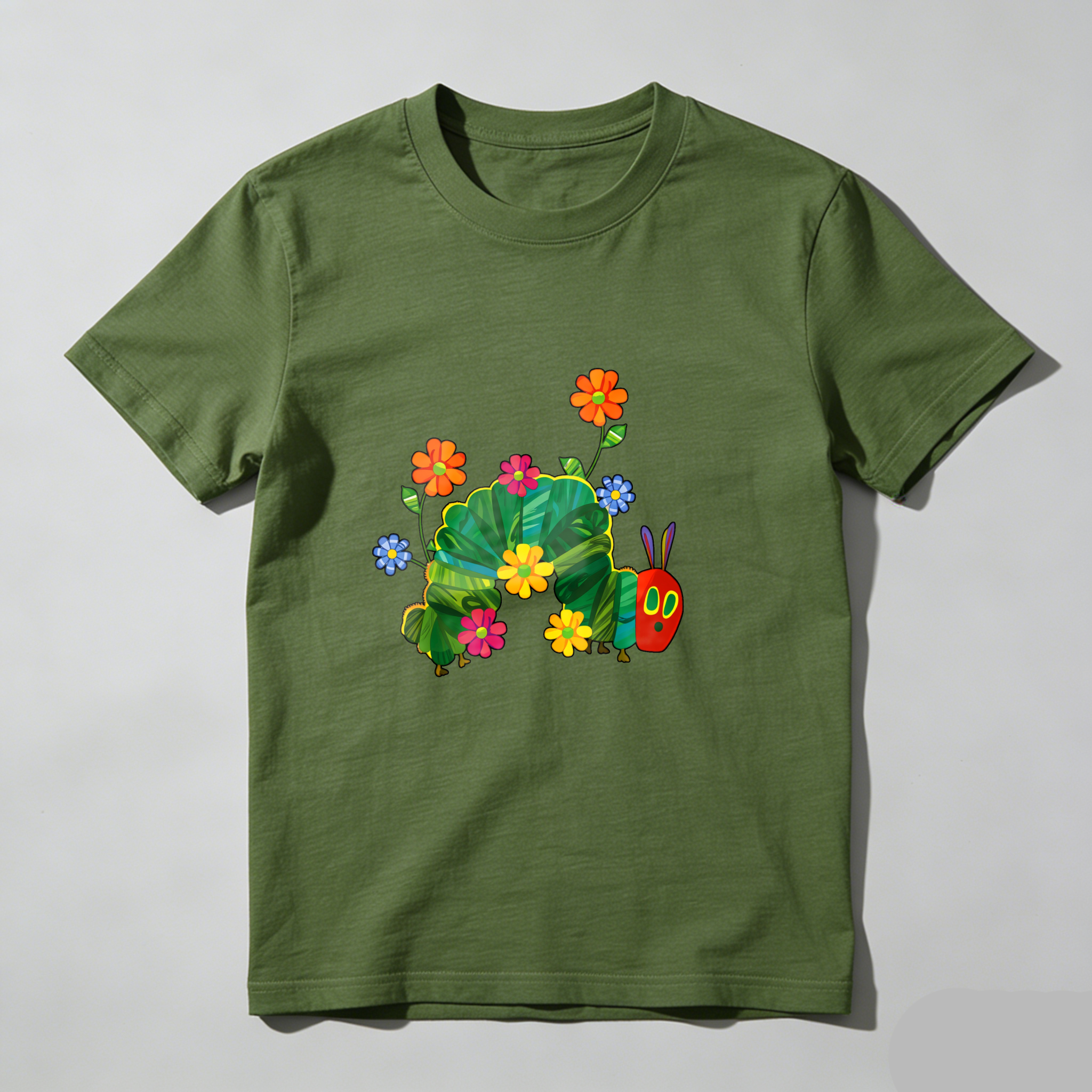 Colorful Caterpillar With Flowers And Leaves tshirt 100% cotton