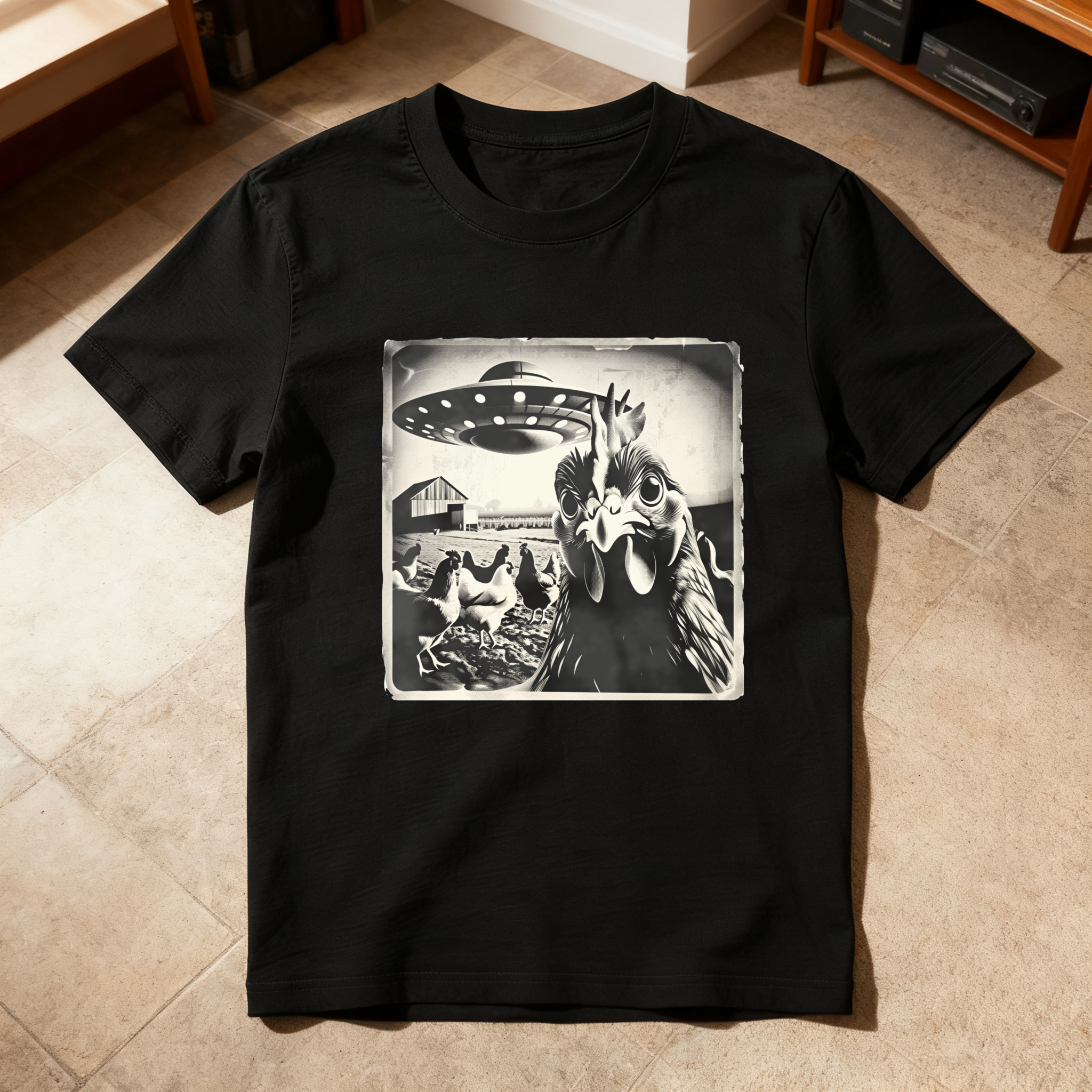 Chicken Abducted By Ufo Farm Scene tshirt 100% cotton