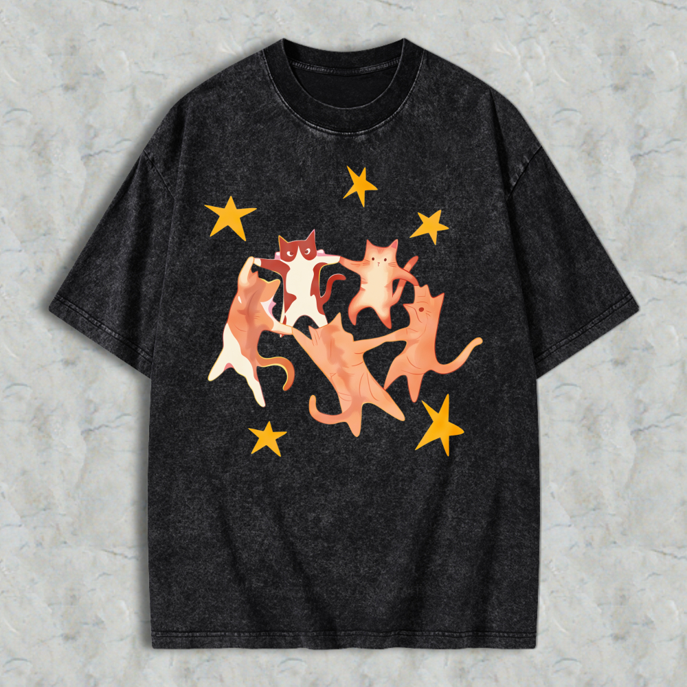 Cats And Stars Pattern Unisex Washed T-shirt