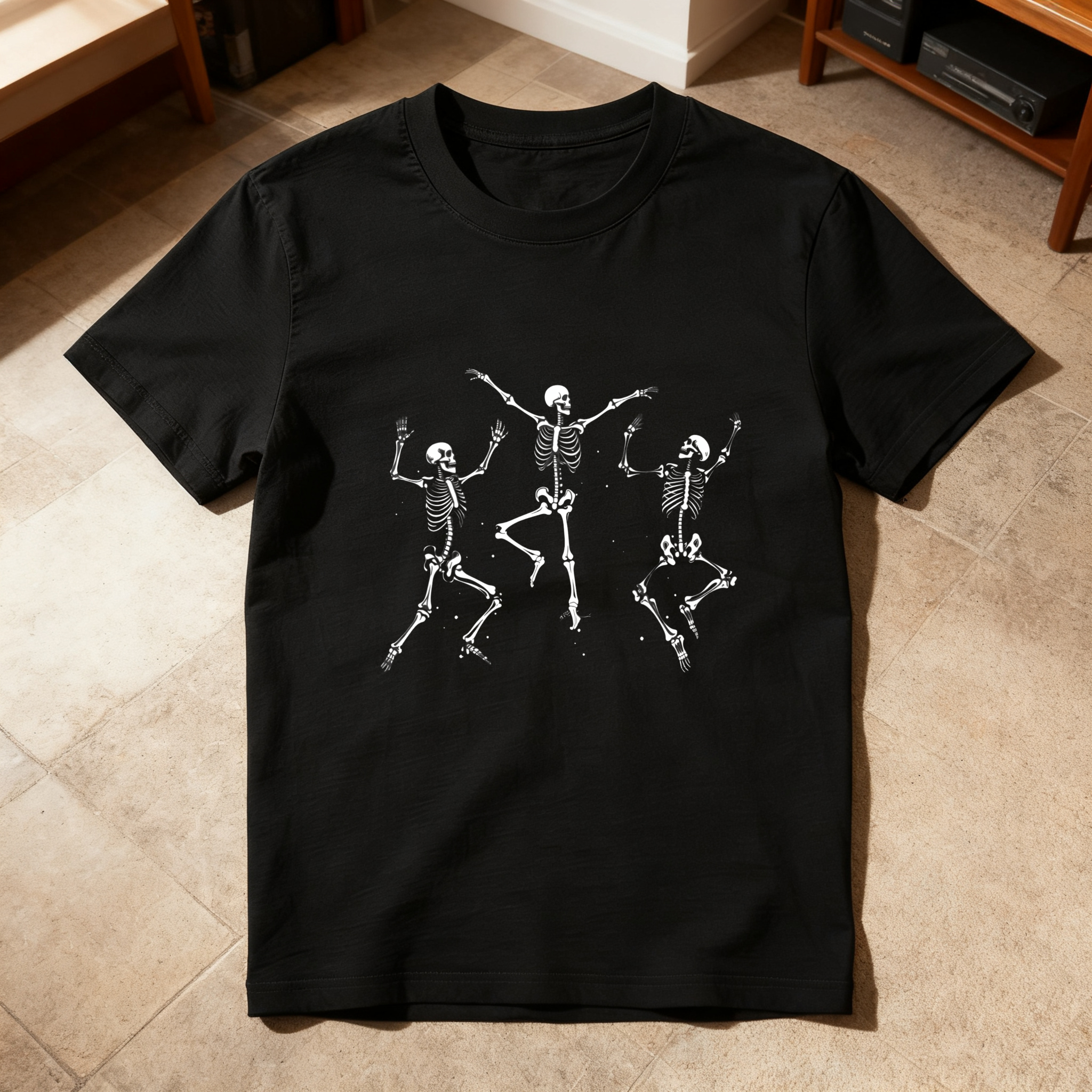 Three Dancing Skeletons On Black Shirt tshirt 100% cotton