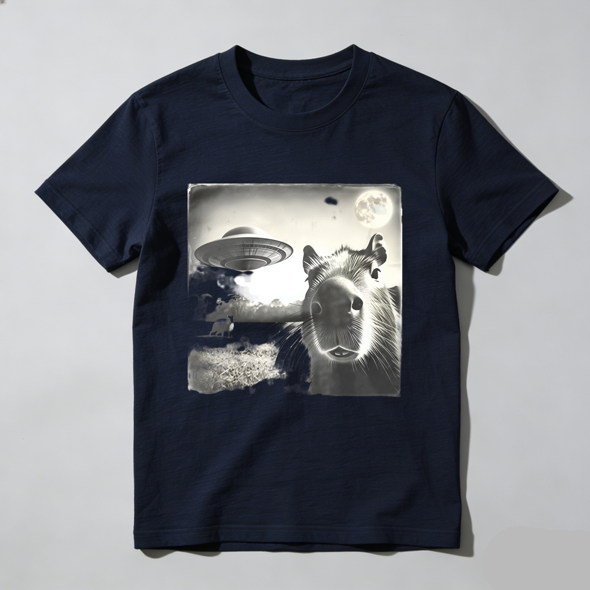 Capybara Ufo Moon Landscape Night Scene tshirt 100% cotton