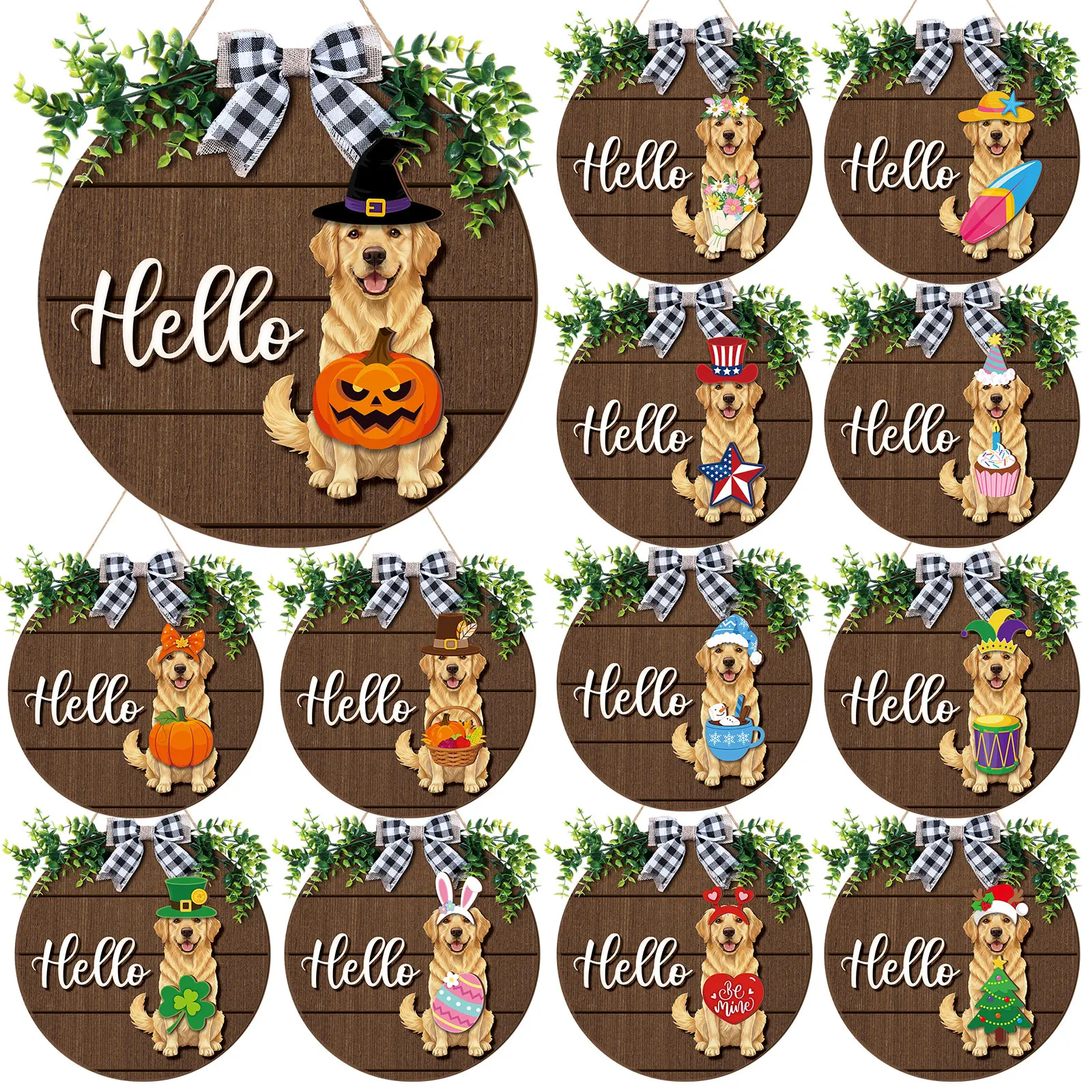 Halloween Cat Sign Interchangeable Welcome Sign Cute Cat and Dog Season Hanging Decor with Magnetic Detachable Hats Round Hanger for Home Wall Garden Porch Door, Housewarming Gift, Gift for Animal Cat Lover