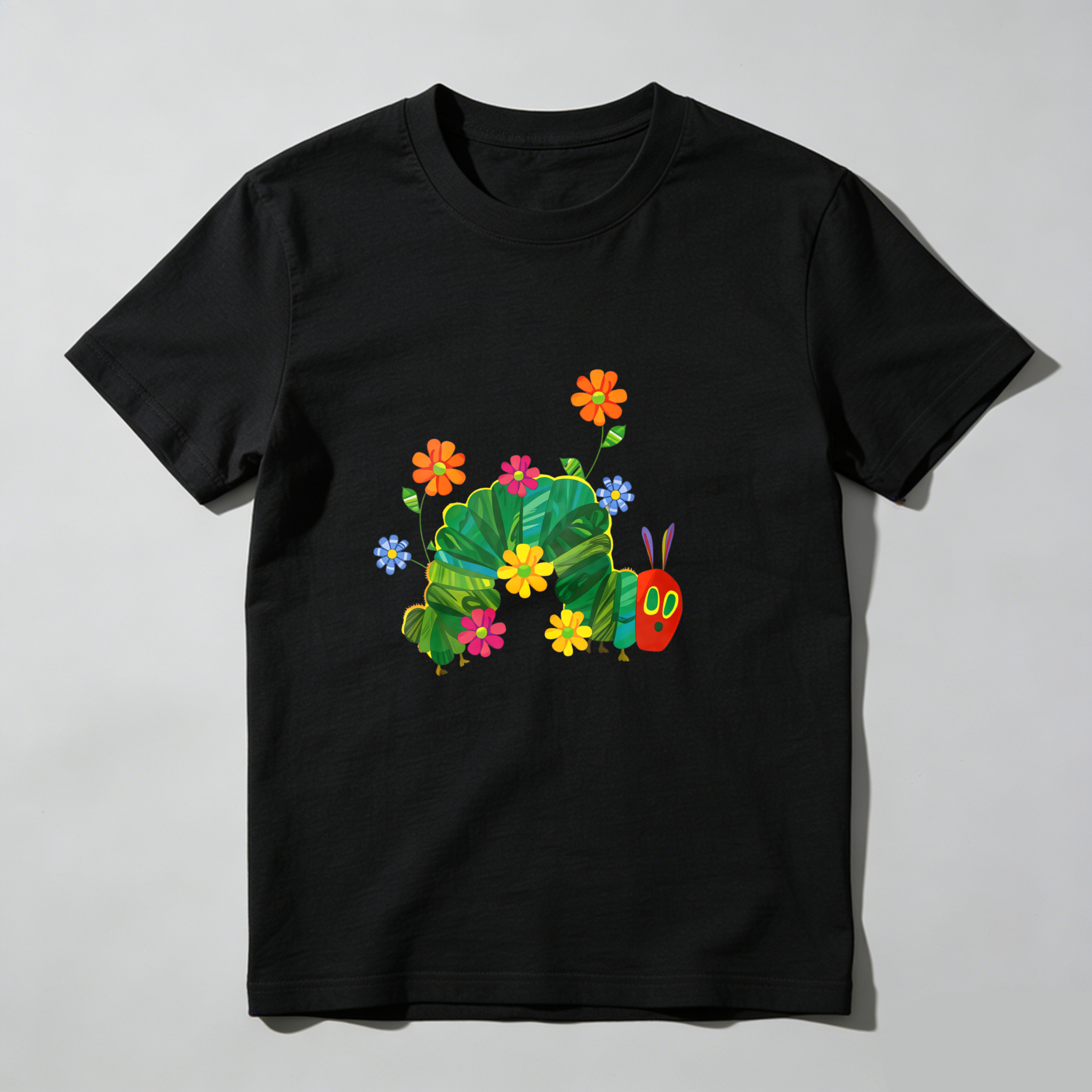 Colorful Caterpillar With Flowers And Leaves tshirt 100% cotton