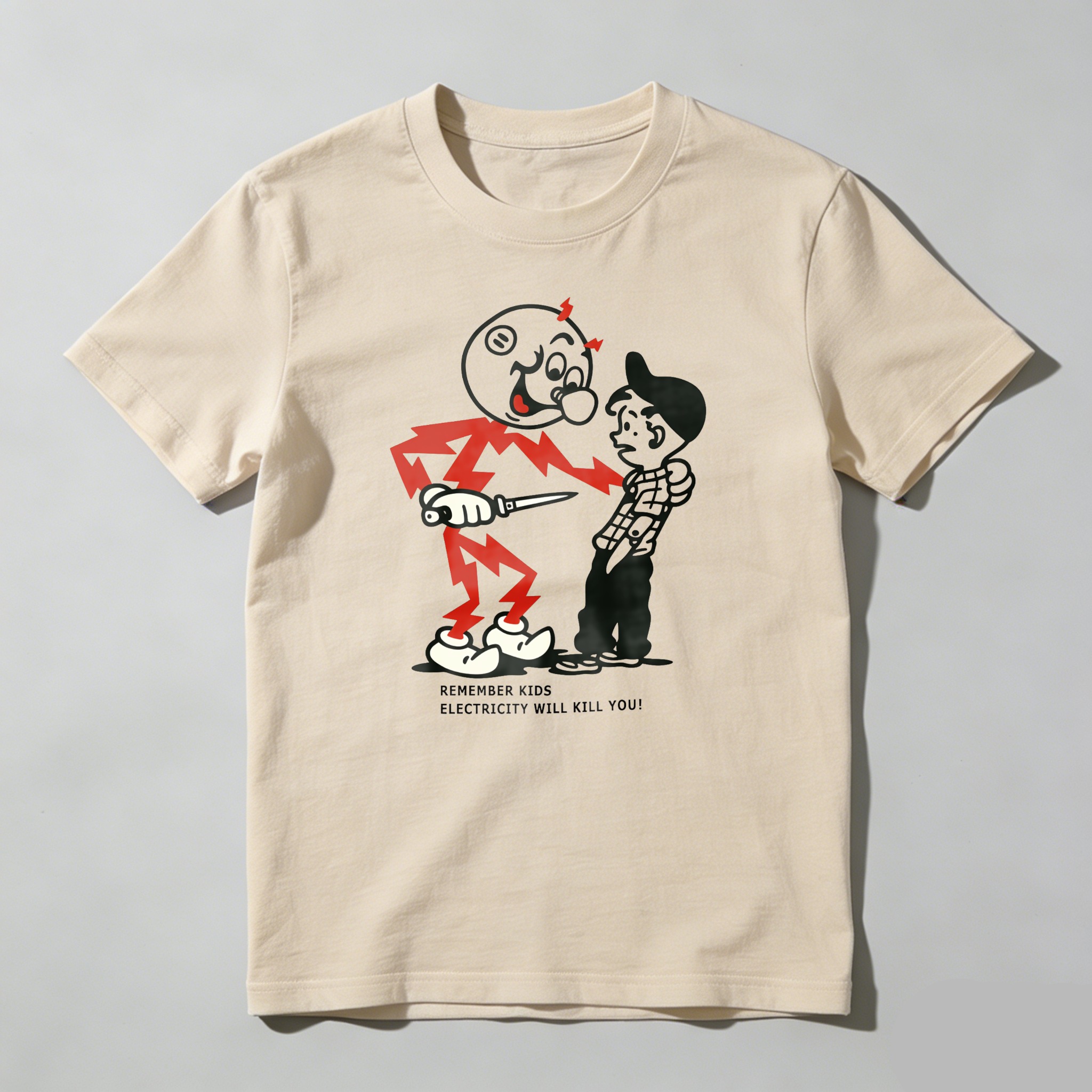 Electricity Warning Cartoon Character Design tshirt 100% cotton