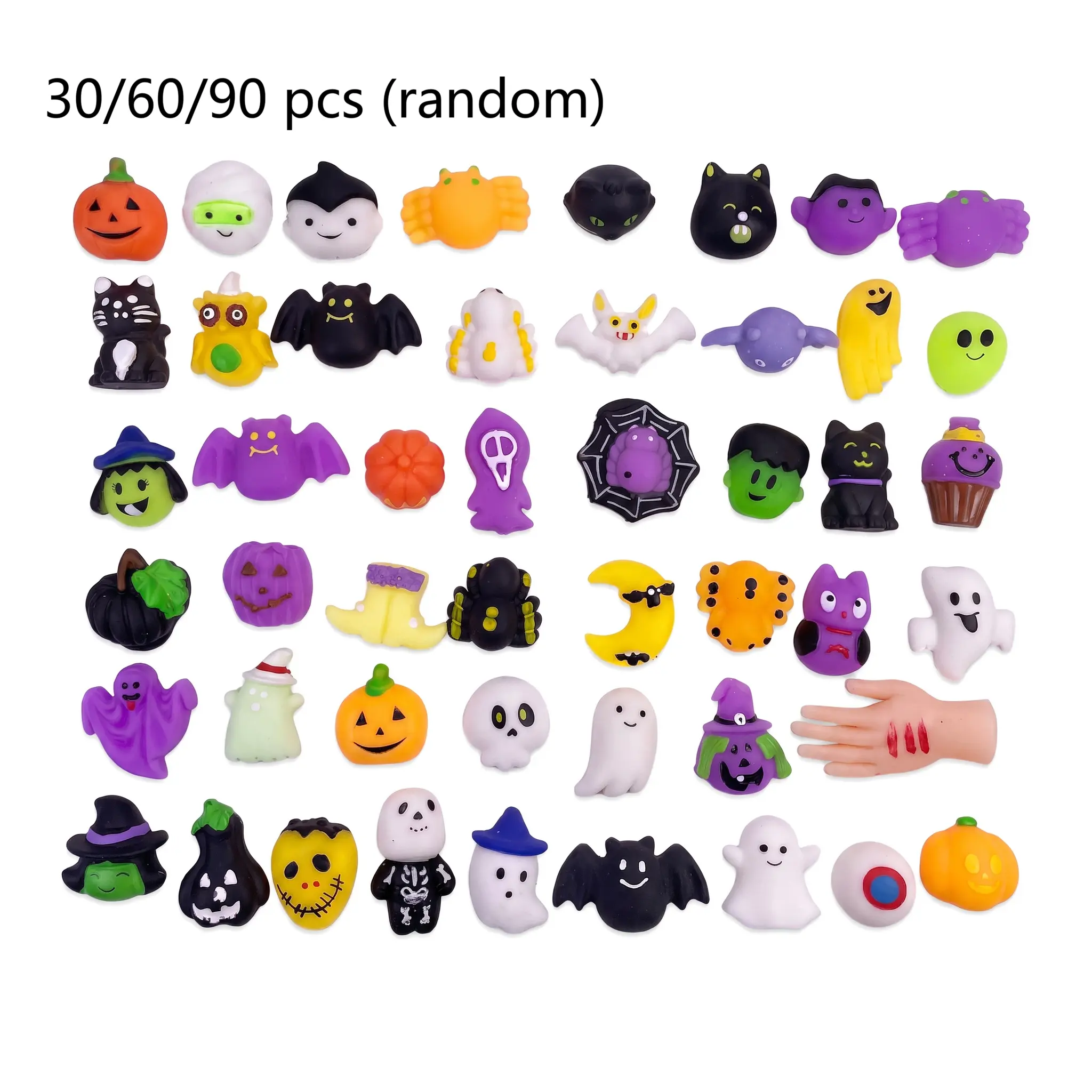 Halloween Squishies Stress Relief Toy Set, Classic Pumpkin/Ghost/Bat Shapes, Super Soft TPR Material with Elastic Squeeze Feel, Washable & Durable, Assorted 30/60/90pcs for Party Favors, Classroom Rewards & Trick-or-Treat