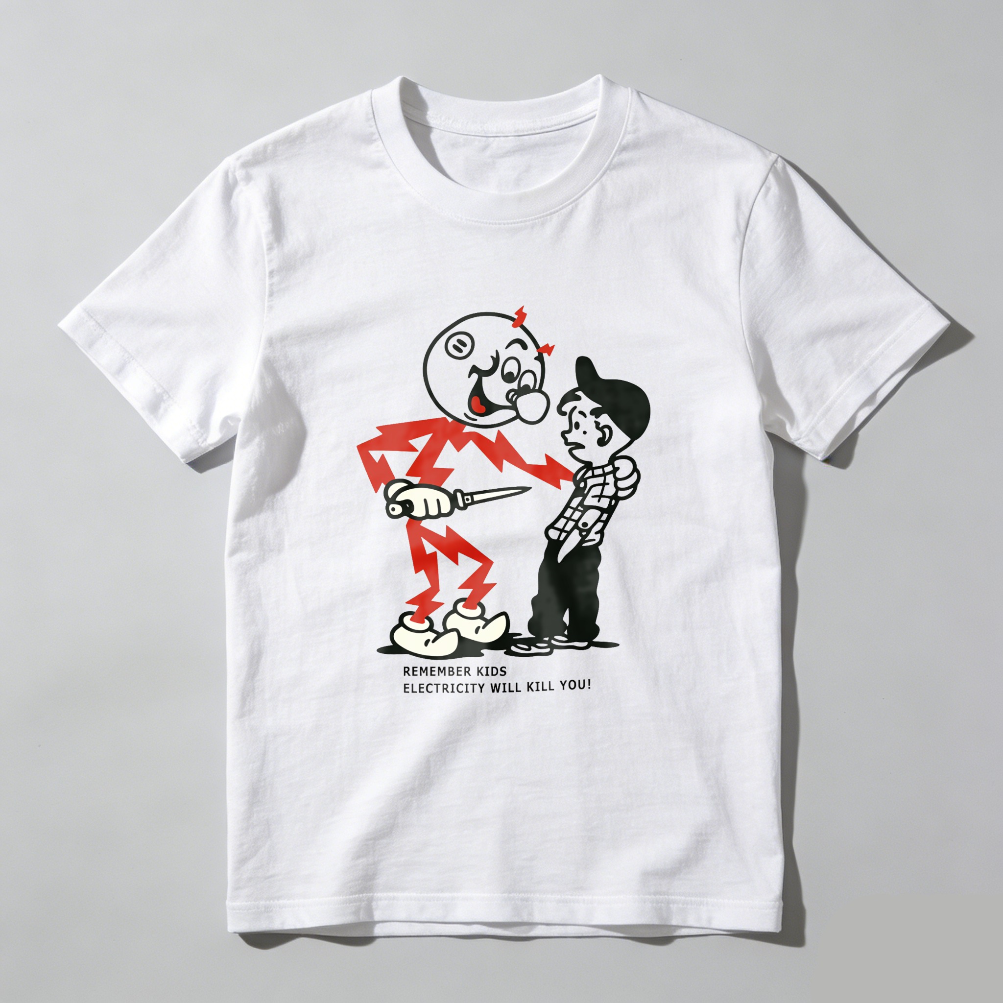 Electricity Warning Cartoon Character Design tshirt 100% cotton