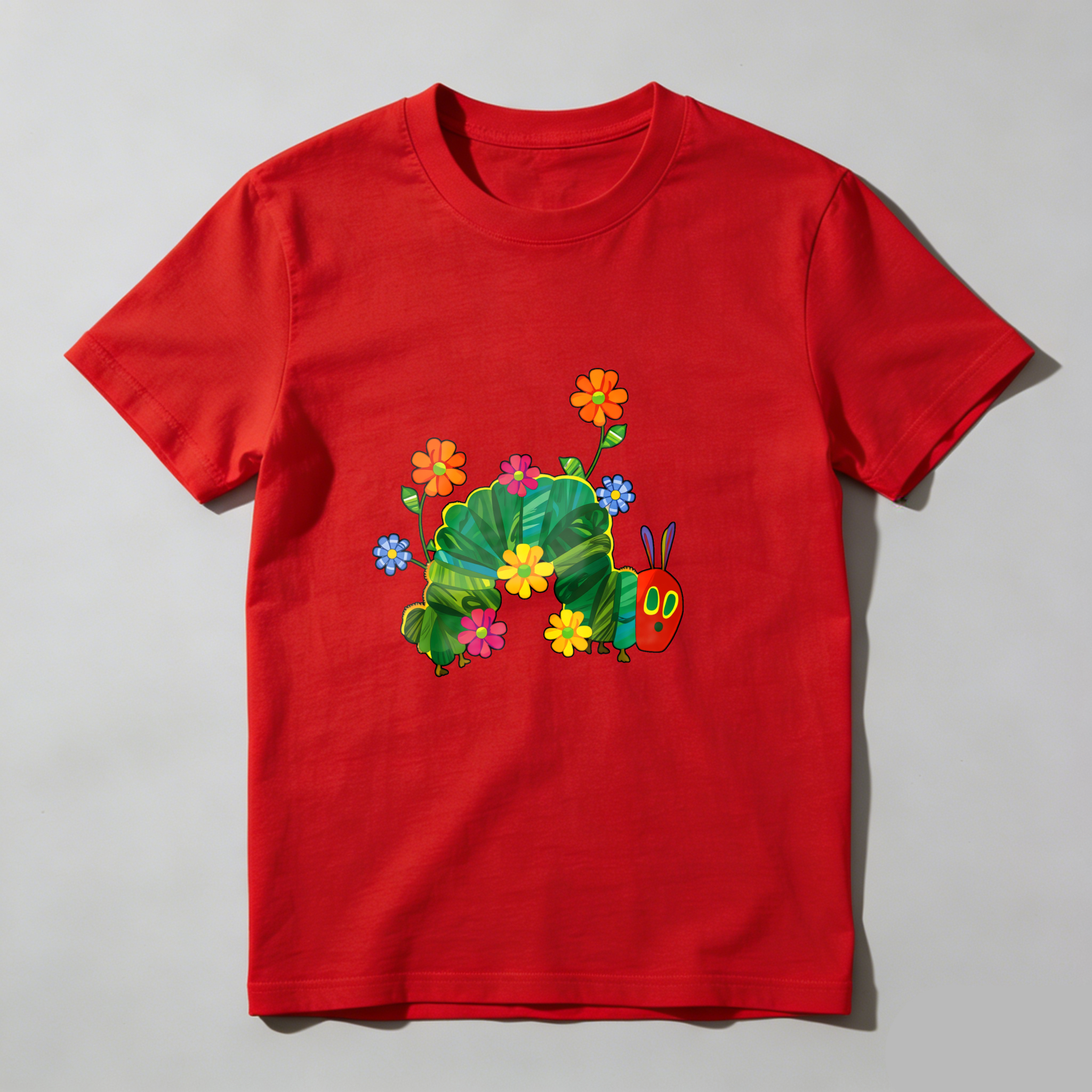 Colorful Caterpillar With Flowers And Leaves tshirt 100% cotton