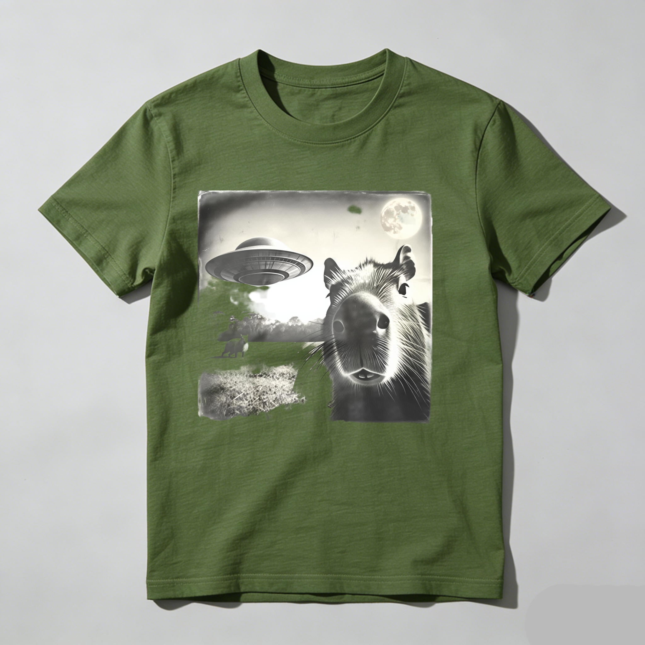 Capybara Ufo Moon Landscape Night Scene tshirt 100% cotton