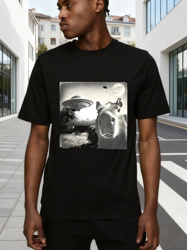Capybara Ufo Moon Landscape Night Scene tshirt 100% cotton