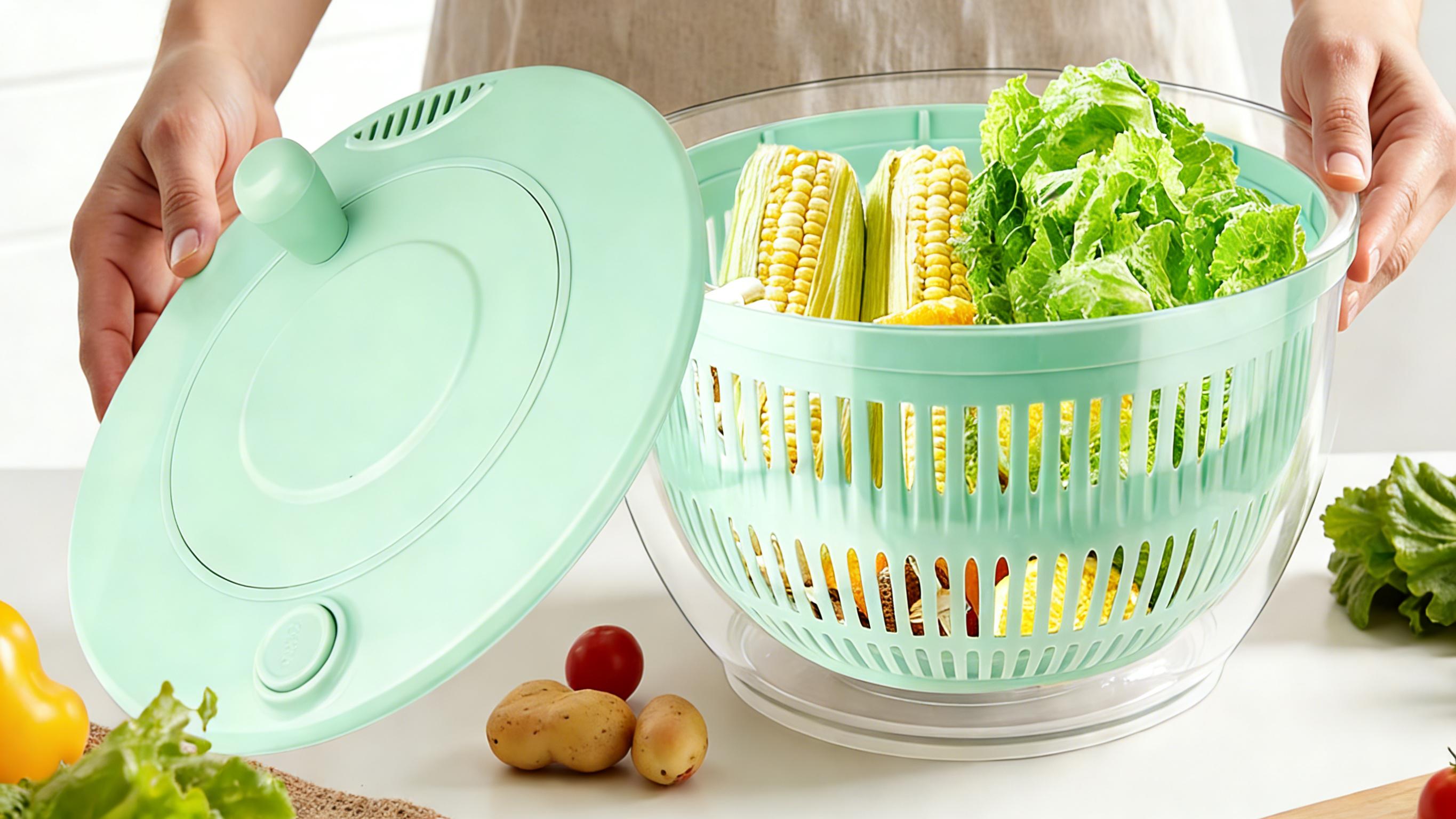 UFORU Salad Spinner Large, 3 IN 1 Vegetable and Fruit Washing Bowl with Strainer, Lettuce Spinner with 5 Blades Slicer, Egg Yolk Strainer, Salad Bowl for Efficient Salad Preparation, 5.3 Qt Kitchen Gadgets Set#SummerWins#DFYD