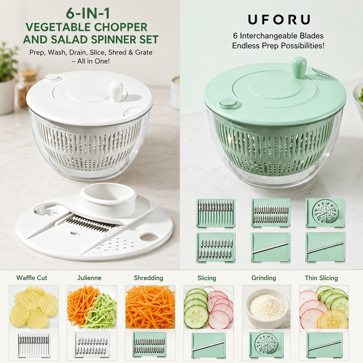 🥗 6-in-1 Salad Spinner & Vegetable Slicer Set – Wash, Dry, Slice & Prep Fruits and Veggies with Ease