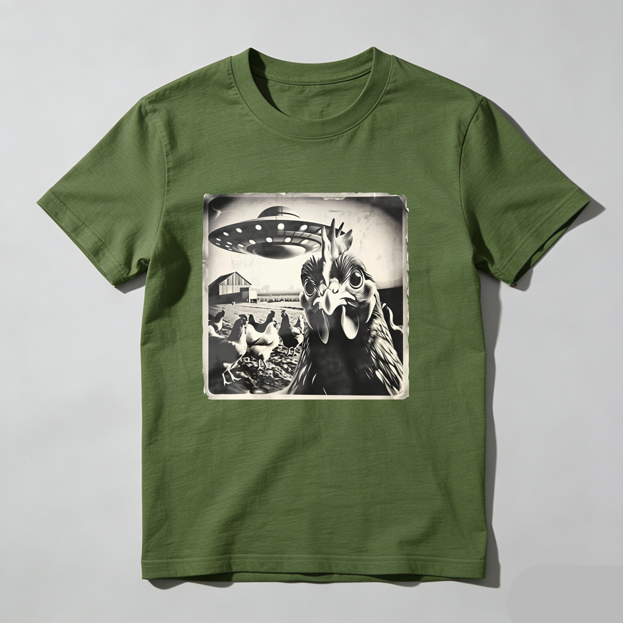 Chicken Abducted By Ufo Farm Scene tshirt 100% cotton