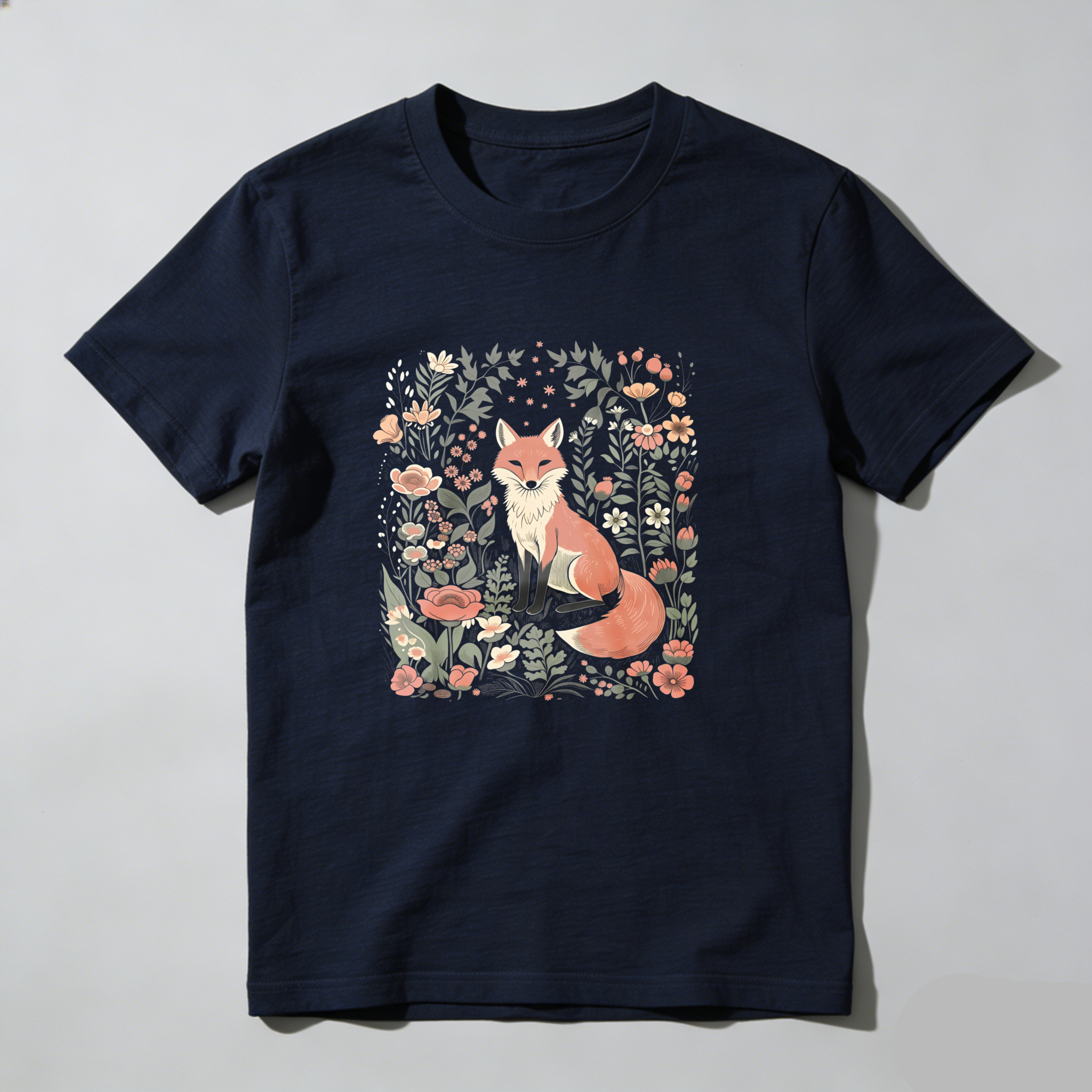 Fox Surrounded By Flowers And Leaves tshirt 100% cotton