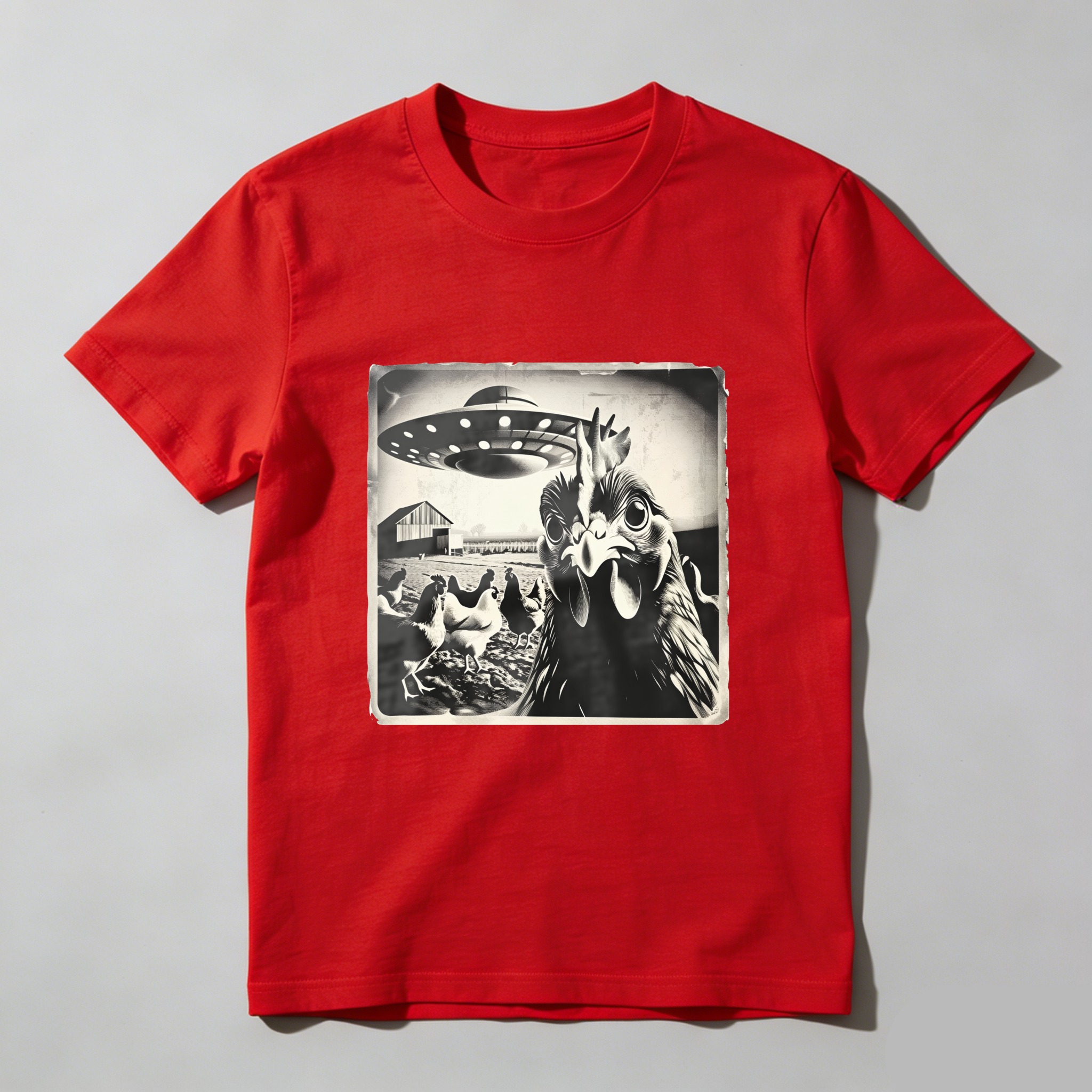 Chicken Abducted By Ufo Farm Scene tshirt 100% cotton
