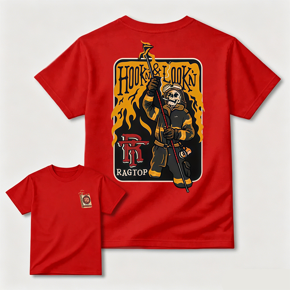 Hook & Lookin Firefighter T-Shirt – Skeleton Firefighter Graphic Tee T-Shirt