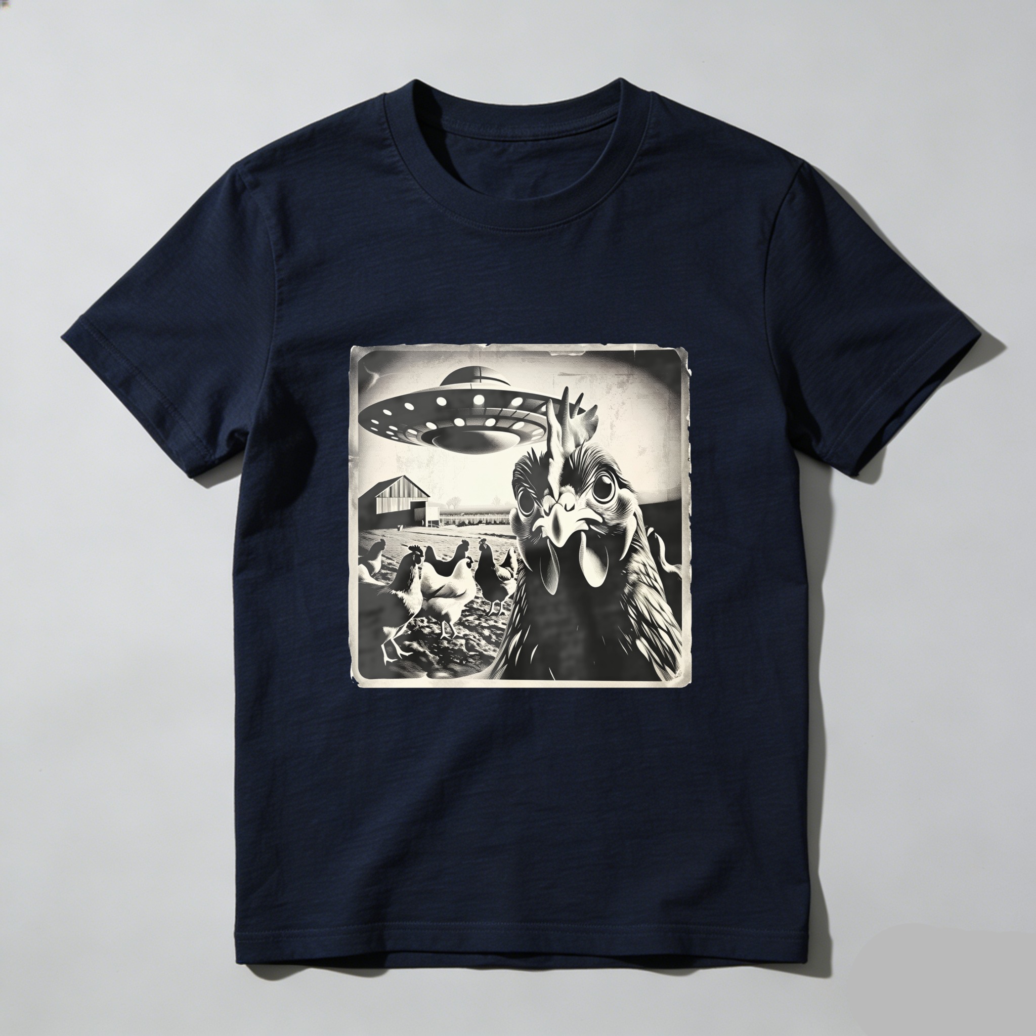 Chicken Abducted By Ufo Farm Scene tshirt 100% cotton