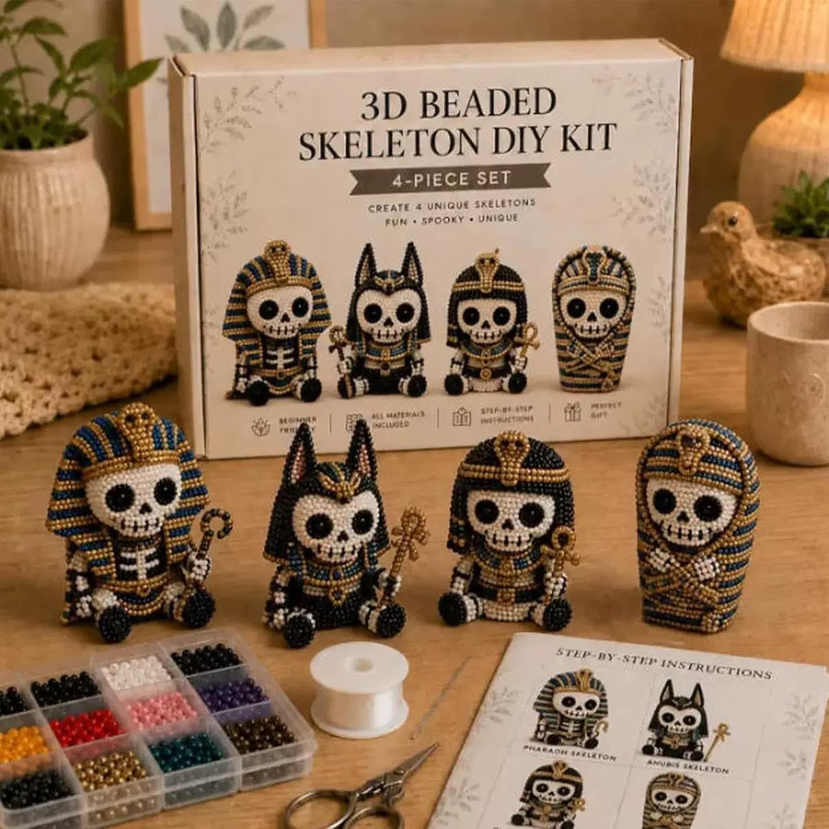 Unisex 3D Beaded Skeleton DIY Kit - 4-Piece Halloween Beading Set with Step-by-Step Instructions, Beginner-Friendly Goth Decor Gift for Adults