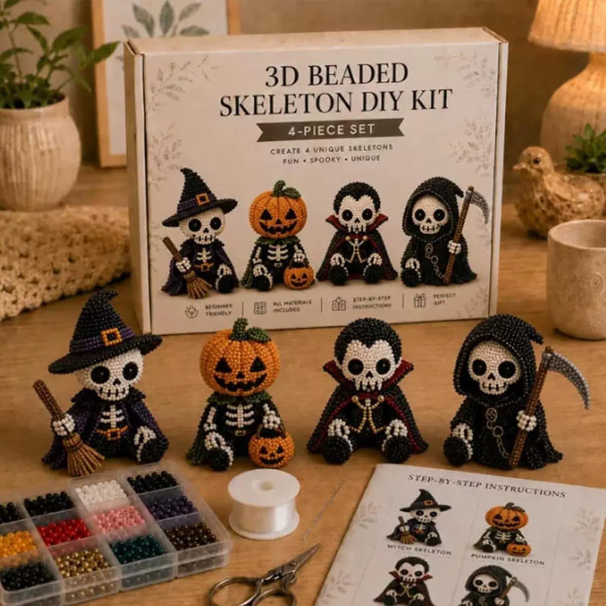 Unisex 3D Beaded Skeleton DIY Kit - 4-Piece Halloween Beading Set with Step-by-Step Instructions, Beginner-Friendly Goth Decor Gift for Adults