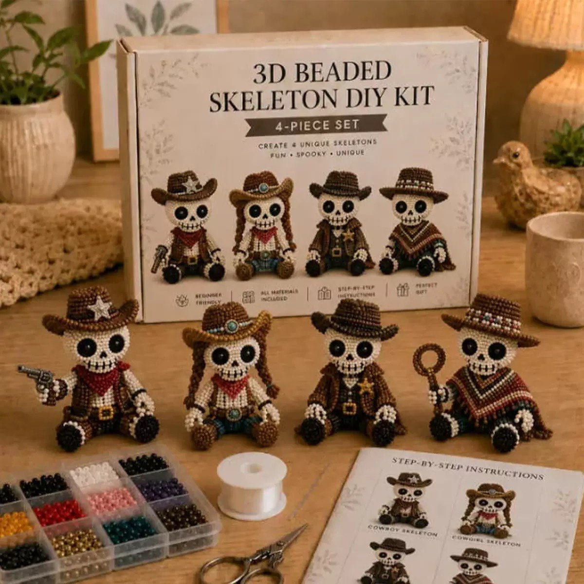 Unisex 3D Beaded Skeleton DIY Kit - 4-Piece Halloween Beading Set with Step-by-Step Instructions, Beginner-Friendly Goth Decor Gift for Adults