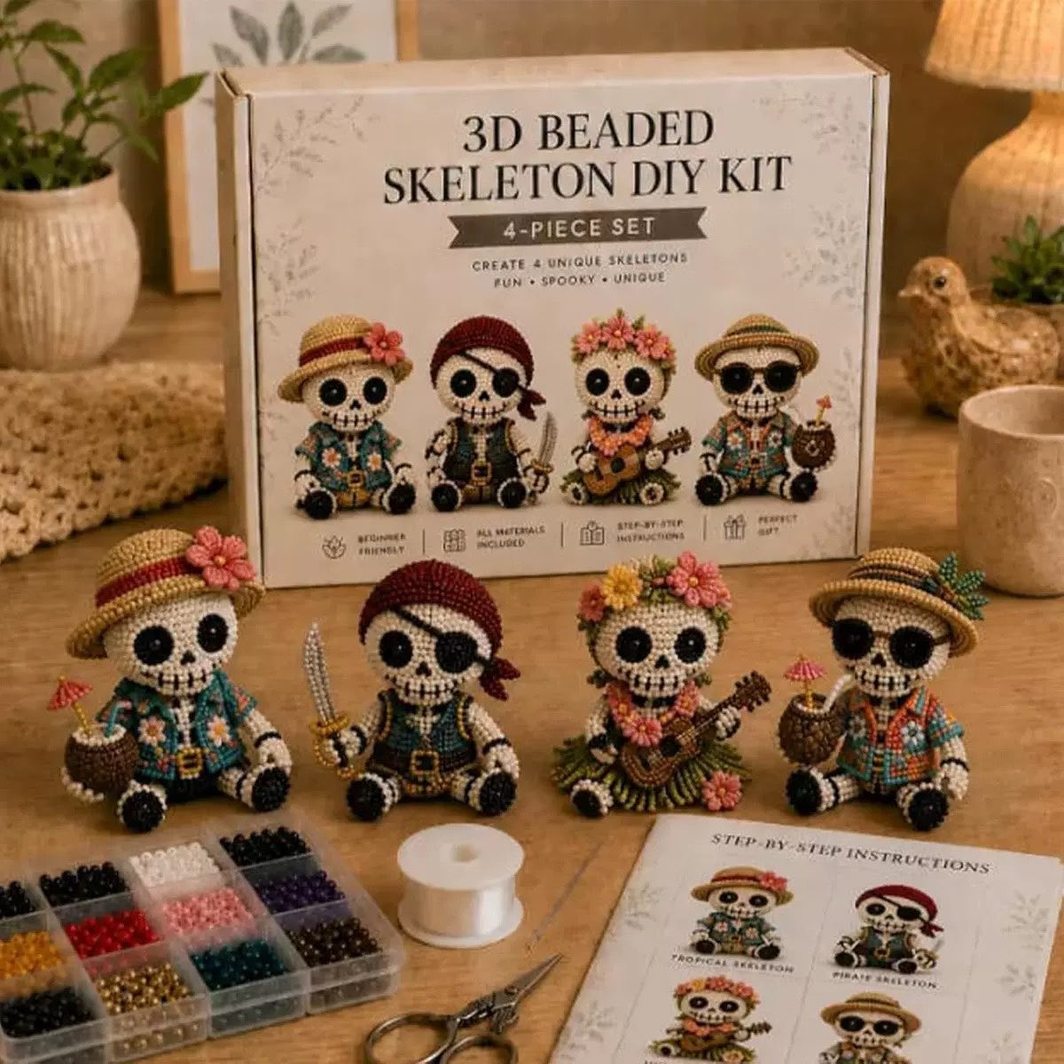 Unisex 3D Beaded Skeleton DIY Kit - 4-Piece Halloween Beading Set with Step-by-Step Instructions, Beginner-Friendly Goth Decor Gift for Adults