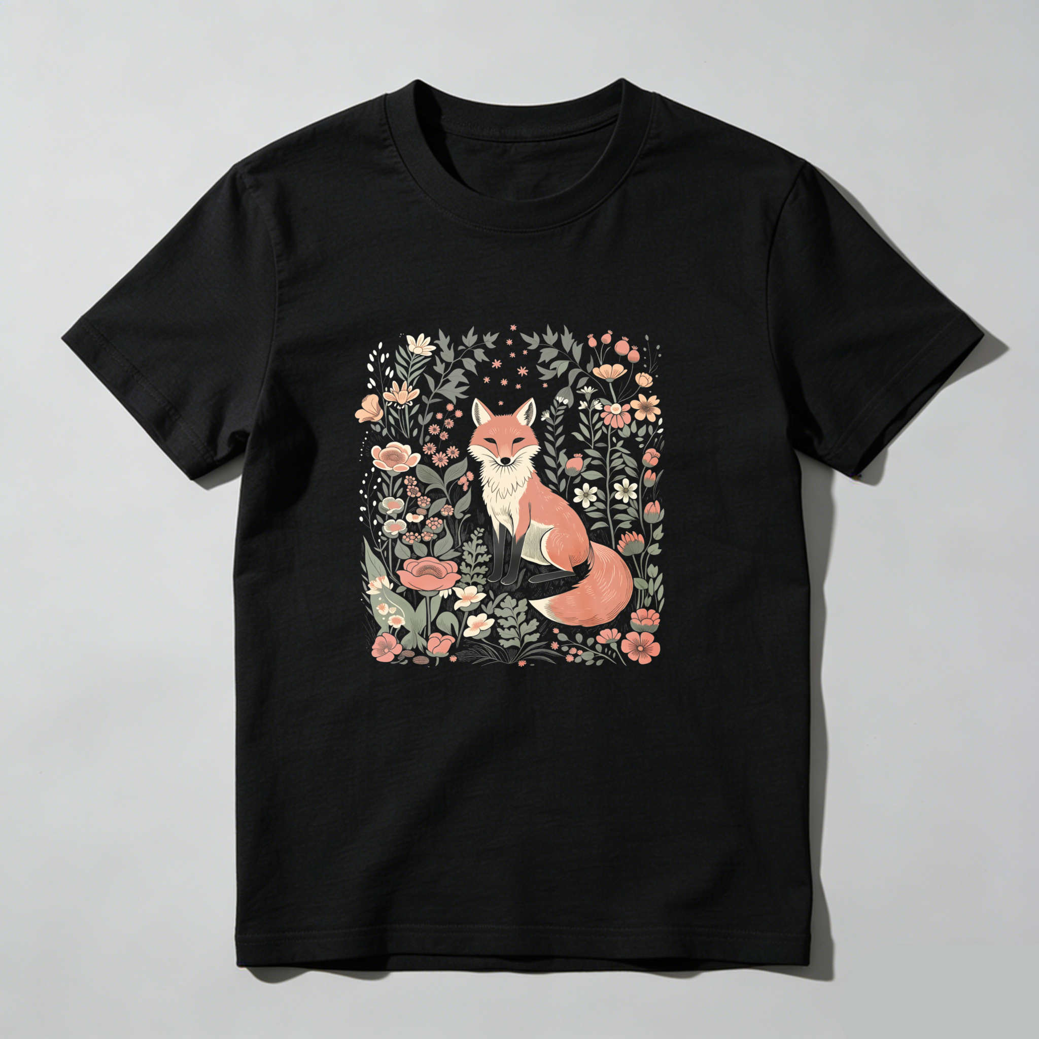 Fox Surrounded By Flowers And Leaves tshirt 100% cotton