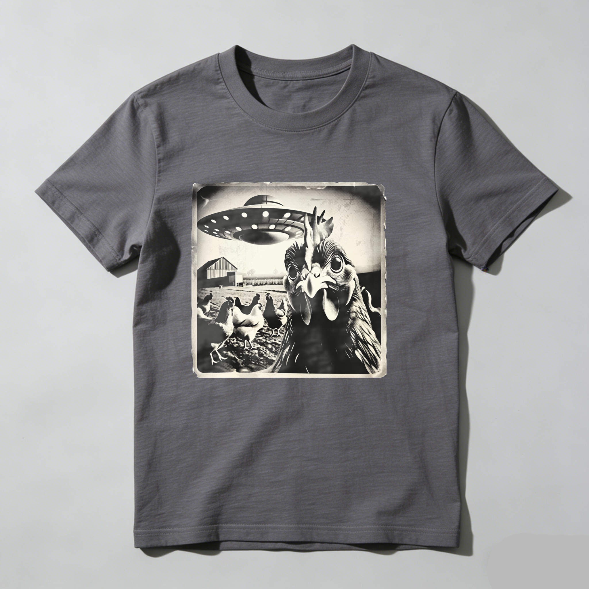 Chicken Abducted By Ufo Farm Scene tshirt 100% cotton