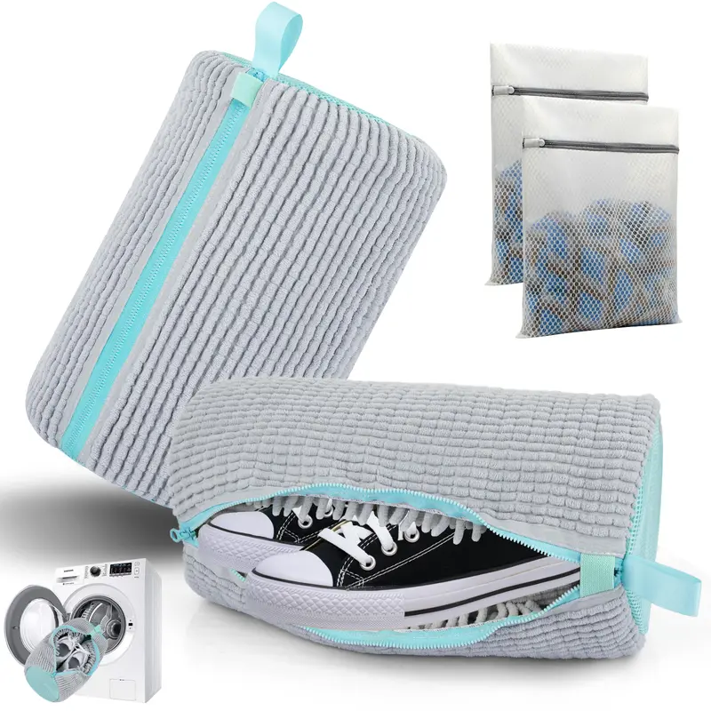 Premium Chenille Shoe Washing Bag for Washing Machine, Heavy Duty Microfiber Sneaker Cleaner & Protection Pouch, Anti-Deformation Laundry Bag for Gym Shoes 