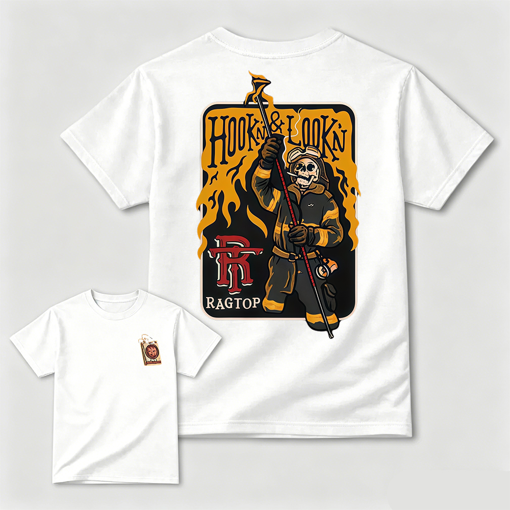 Hook & Lookin Firefighter T-Shirt – Skeleton Firefighter Graphic Tee T-Shirt