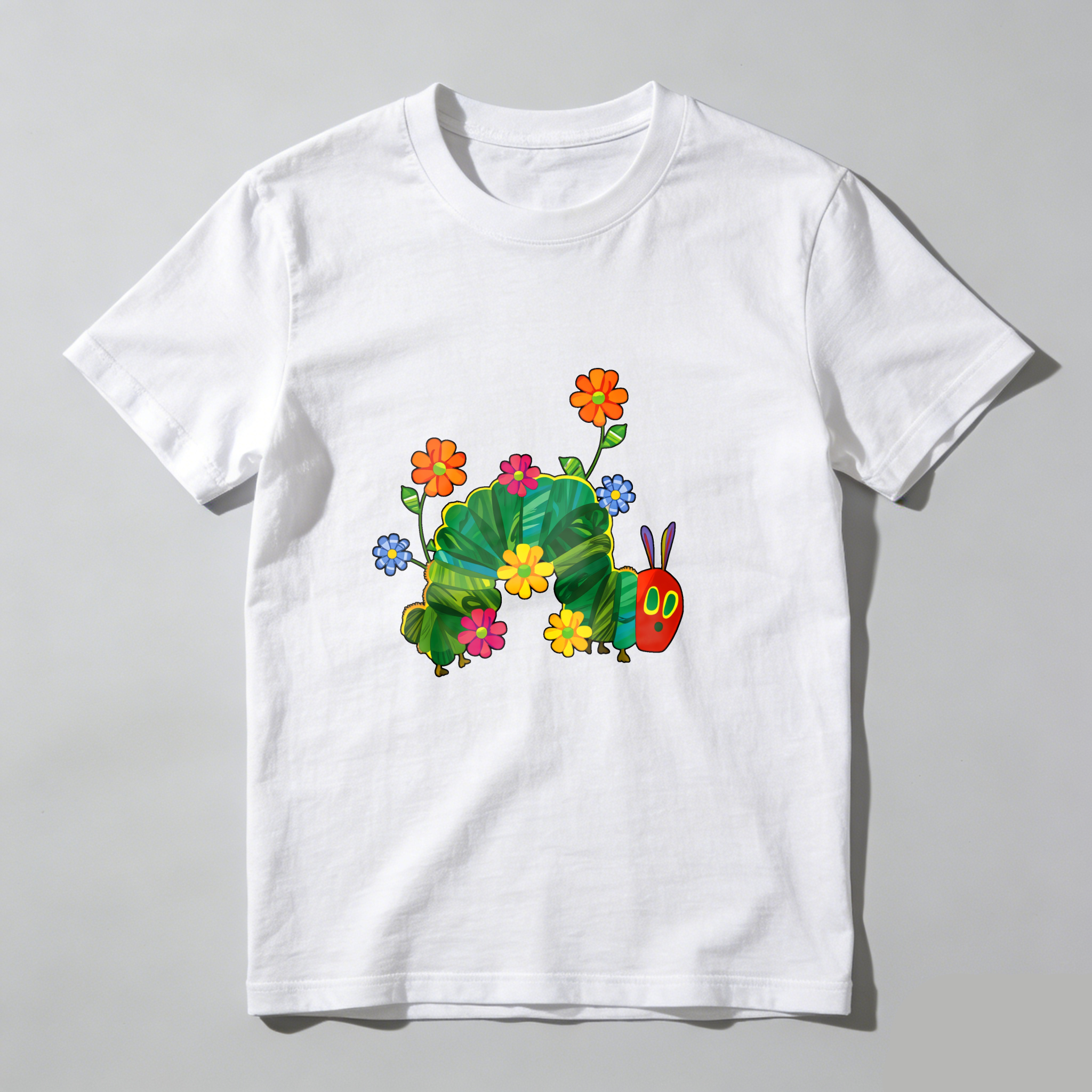Colorful Caterpillar With Flowers And Leaves tshirt 100% cotton
