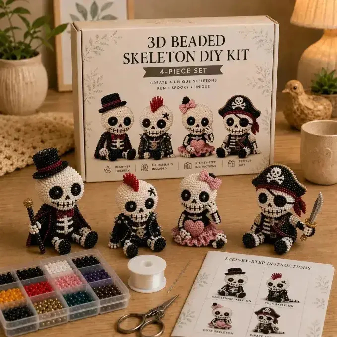 Unisex 3D Beaded Skeleton DIY Kit - 4-Piece Halloween Beading Set with Step-by-Step Instructions, Beginner-Friendly Goth Decor Gift for Adults