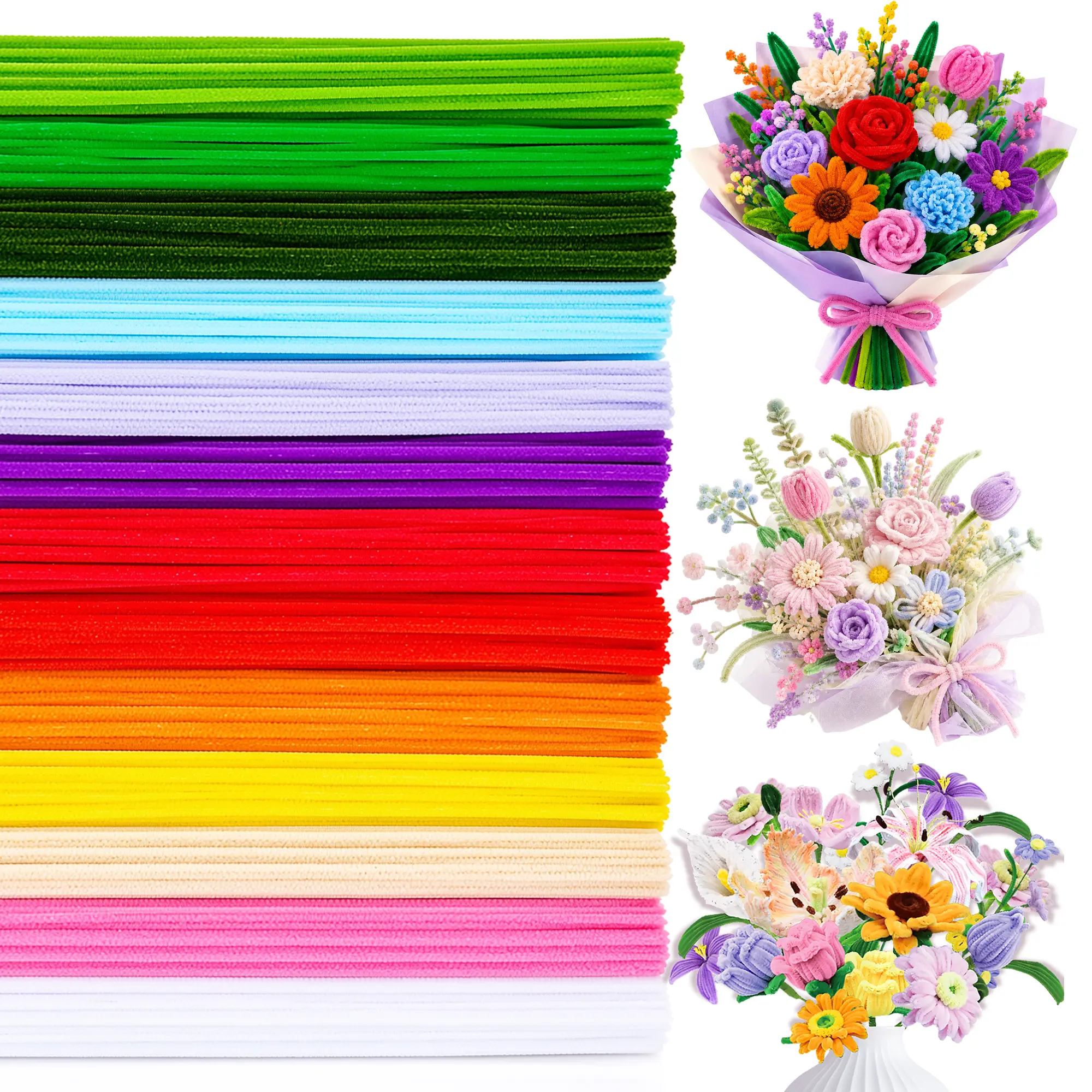 CraftSpot 1200/572 Pcs Chenille Pipe Cleaners for Crafts – 24/13 Assorted Colors Fuzzy Soft Plush Stems, DIY Forever Flowers Bouquet Kit, Kids Classroom Sensory Art Project, Handmade Wedding Home Decor, Bulk Art Supplies tiktokshopbacktoschool