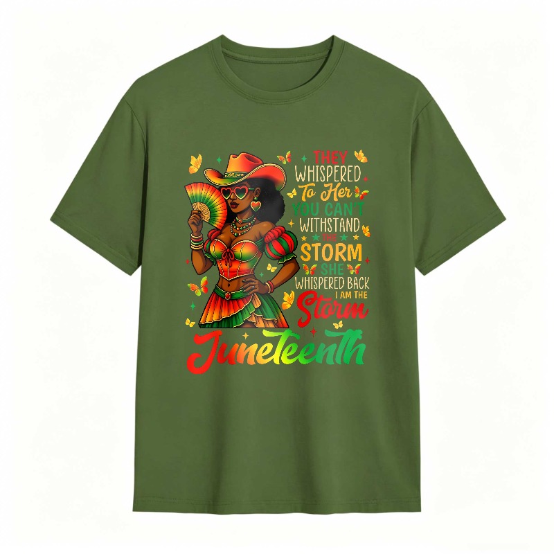 Juneteenth Celebration Woman In Colorful Dress Holding Fan With Inspirational Quote T-shirt