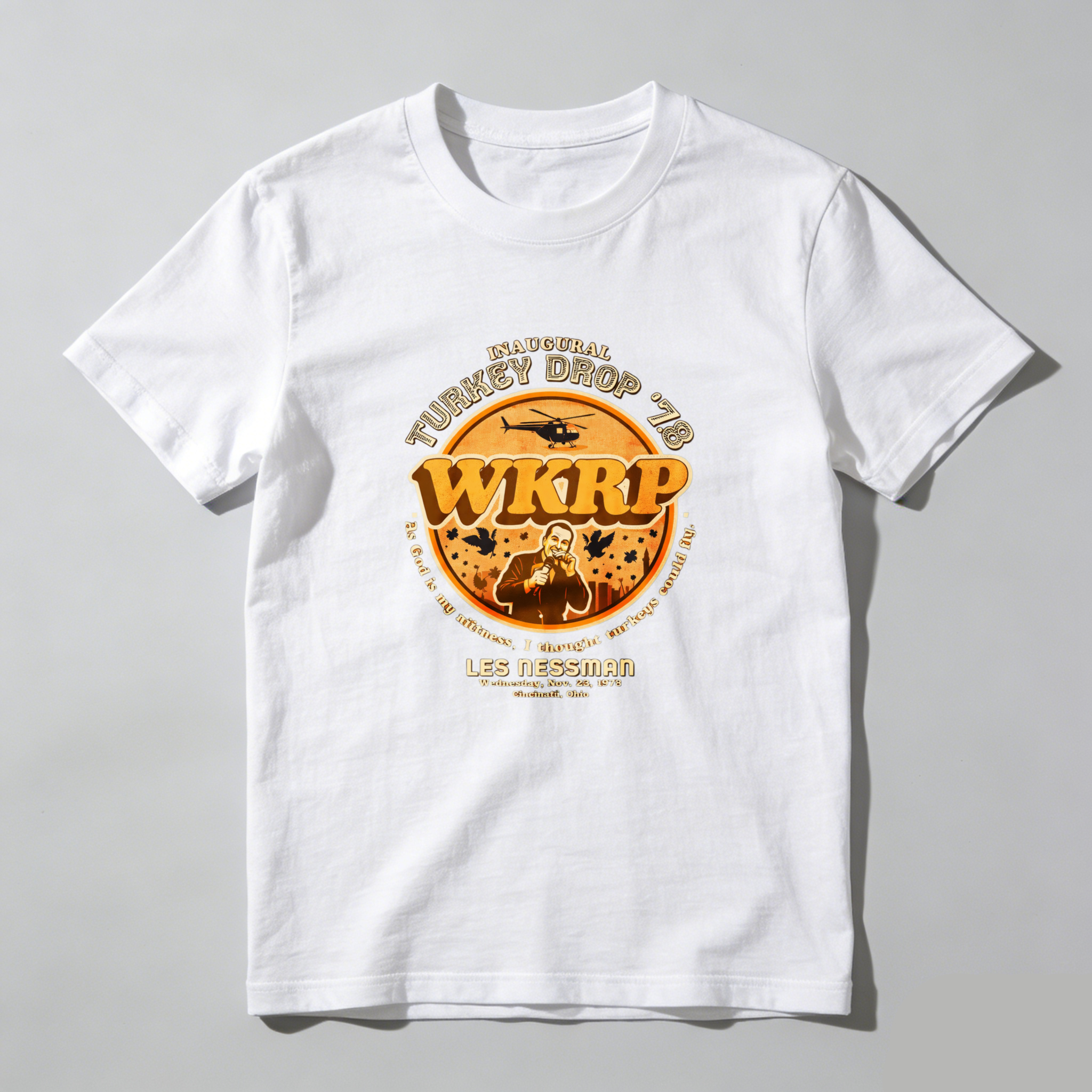 Dorawear™ Inaugural Turkey Drop Wkrp Les Nessman Pure Cotton Short Sleeve T Shirt-Dorawear