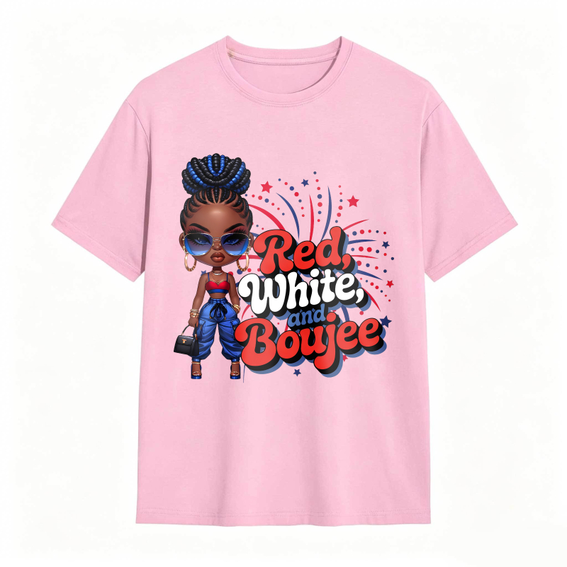 Red White And Boujee Cartoon Girl With Stars And Fireworks T-shirt