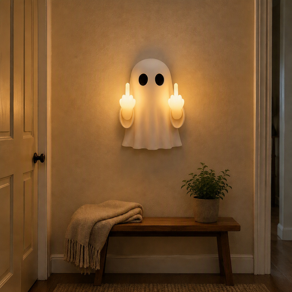 👻 Funny Middle Finger Ghost Wall Sconce, Warm LED Ghost Wall Lamp for Halloween Home Decor